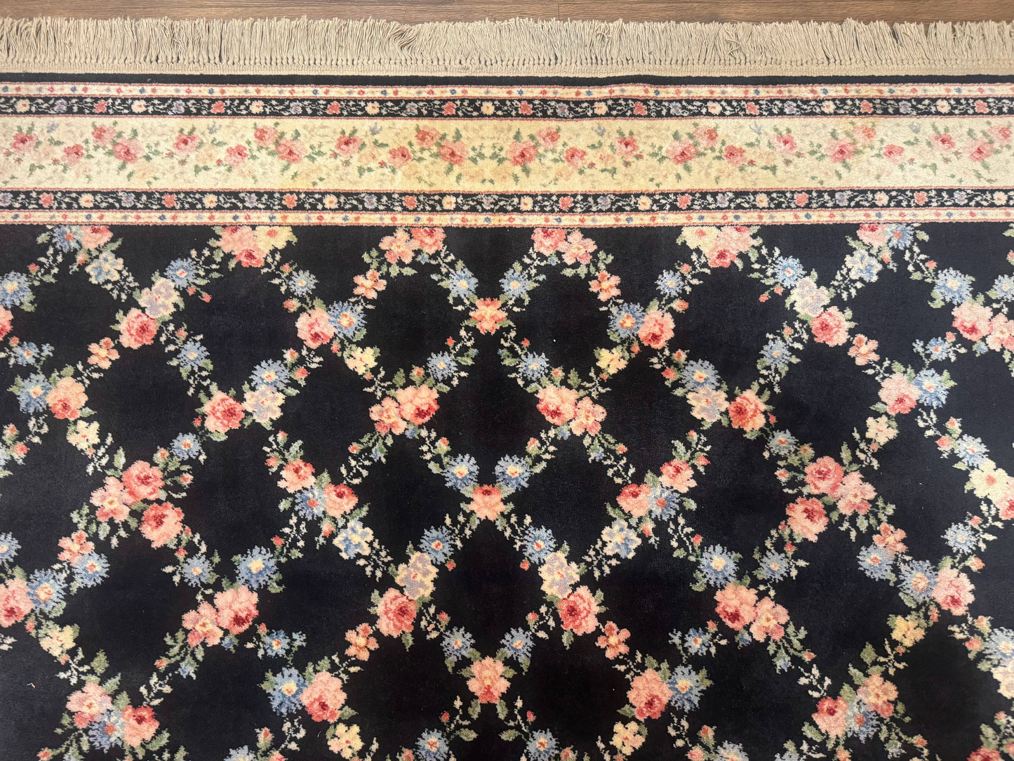USED 8.8 x 12 Karastan Garden of Eden Rug, Ebony Trellis #509/1270, Black, Floral, Wool Pile, Vintage, Discontinued