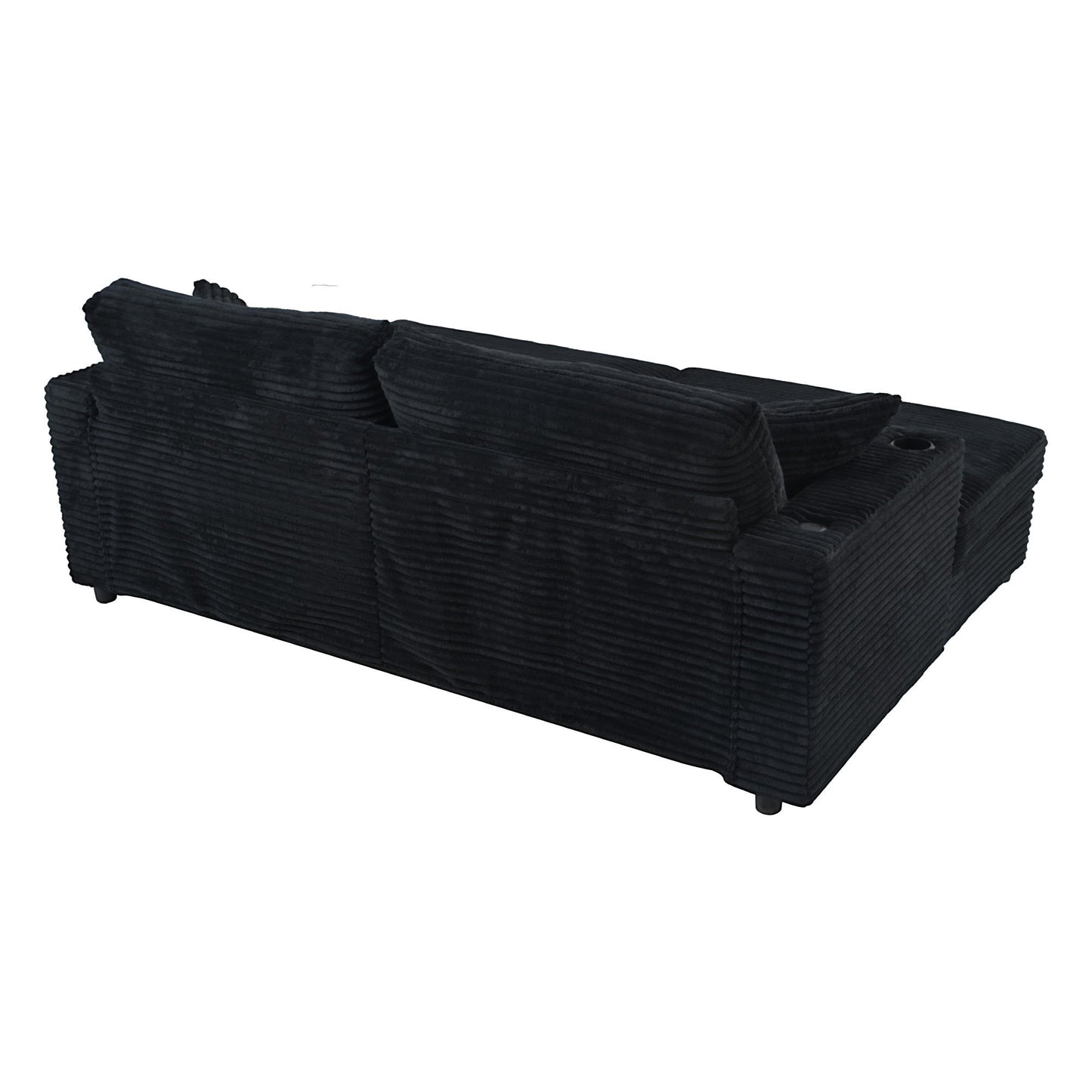 NEW Black Corduroy Oversized Loveseat Chaise Lounge Sectional Sofa Bed with USB Ports Cup Holders and Pillows