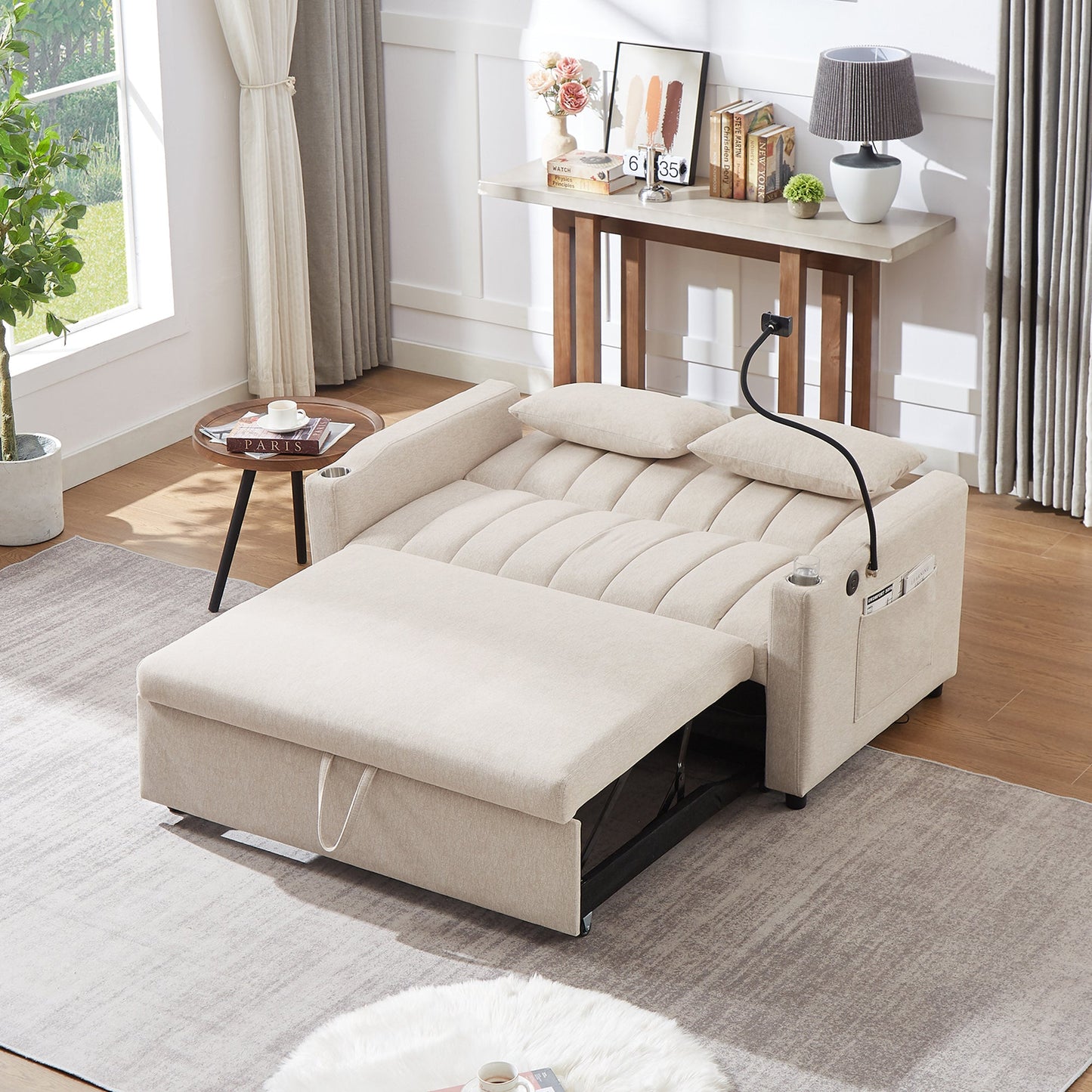 NEW Beige Bella Fabric Convertible Sofa Bed Loveseat