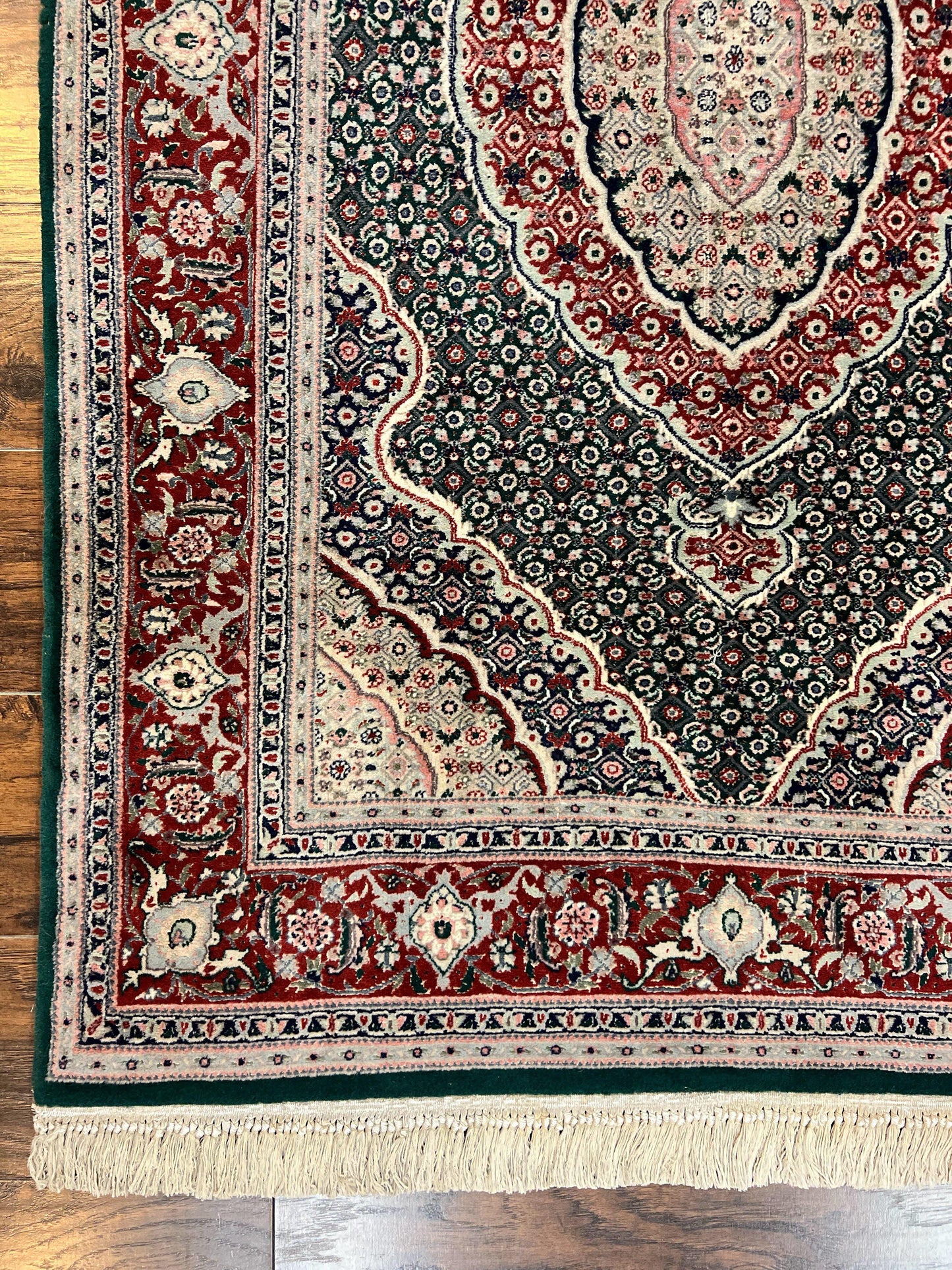 USED Sino Persian Rug 4x6, Wool with Silk Highlights, Fine Hand Knotted Carpet, Green & Maroon Red, Herati Medallion, Vintage Rug