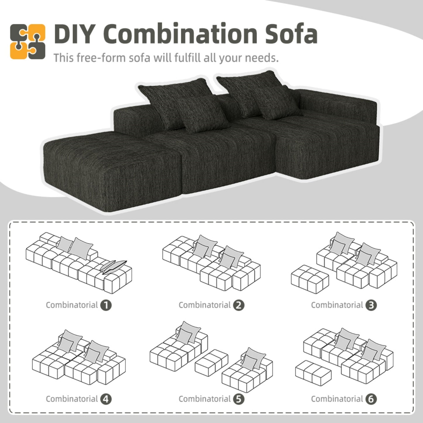 NEW Modern Oversized Modular Sectional Sofa with Ottoman, Seat, Chaise lounge and Armrest, Sparkling Chenille Fabric Soft Cushion Sofa with 4 Pillows,4 PCS DIY Combination Tufted Sofa,No Assembly Required