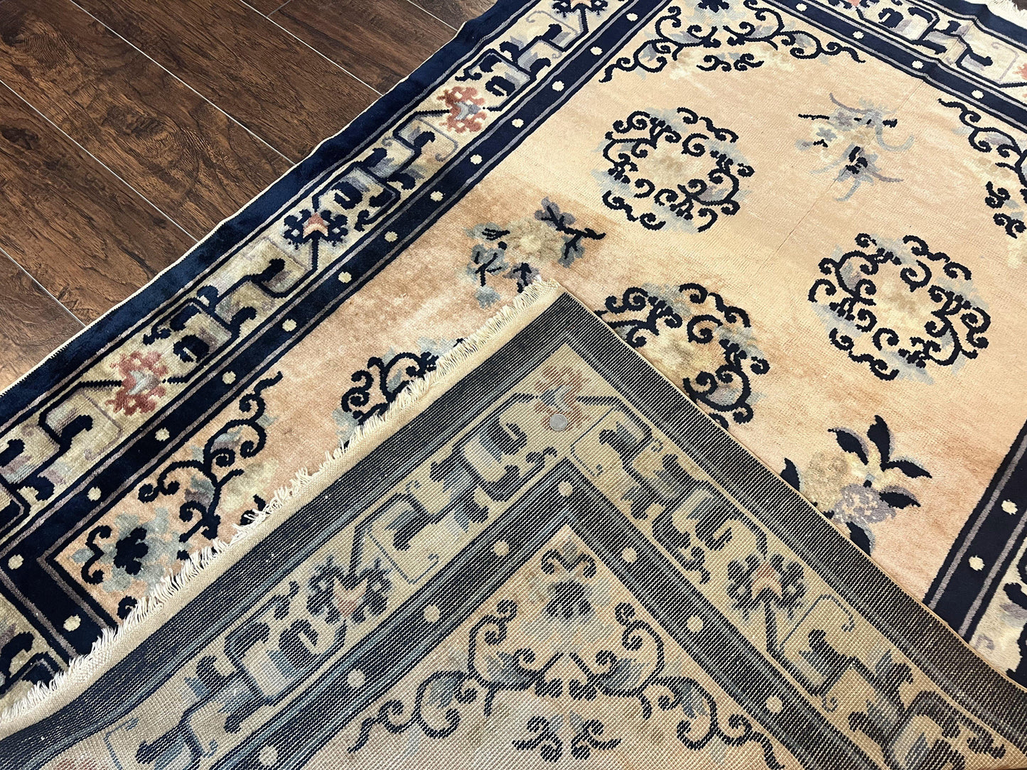 USED Chinese Peking Rug 4x6, Wool Hand Knotted Handmade Vintage Semi Antique Carpet, Semi Open Field, Light Peach & Navy Blue, Art Deco Rug