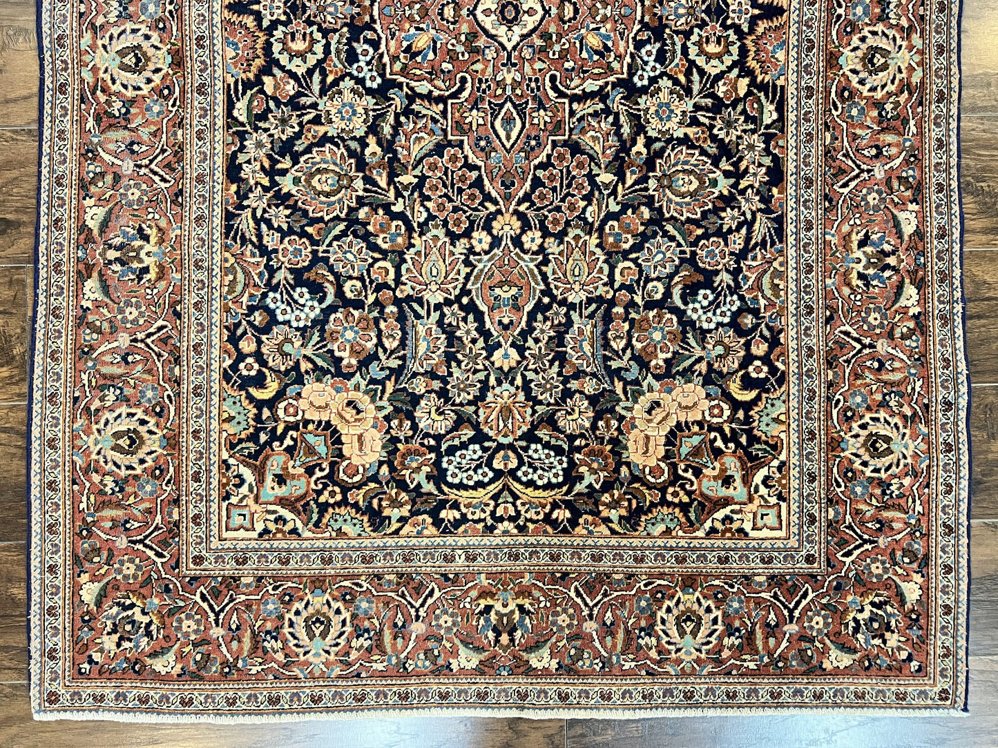 USED Persian Kashan Rug 4x7, Floral Medallion Vintage Handmade Hand Knotted Navy Blue & Red Wool Oriental Carpet, Highly Detailed Semi Antique Rug
