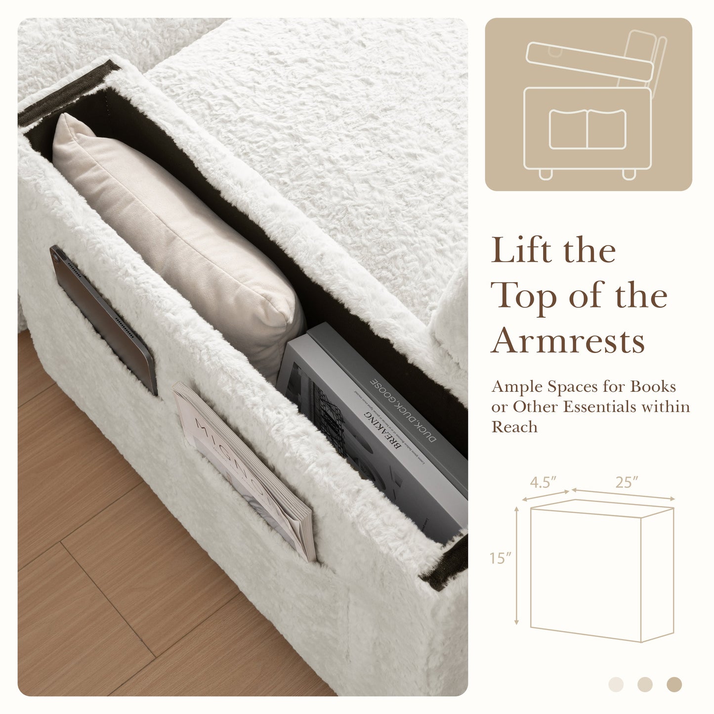 NEW Luxurious Faux Rabbit Fur Oversized Chaise Lounge Sofa Bed with Storage Ottoman Armrests and Cup Holders