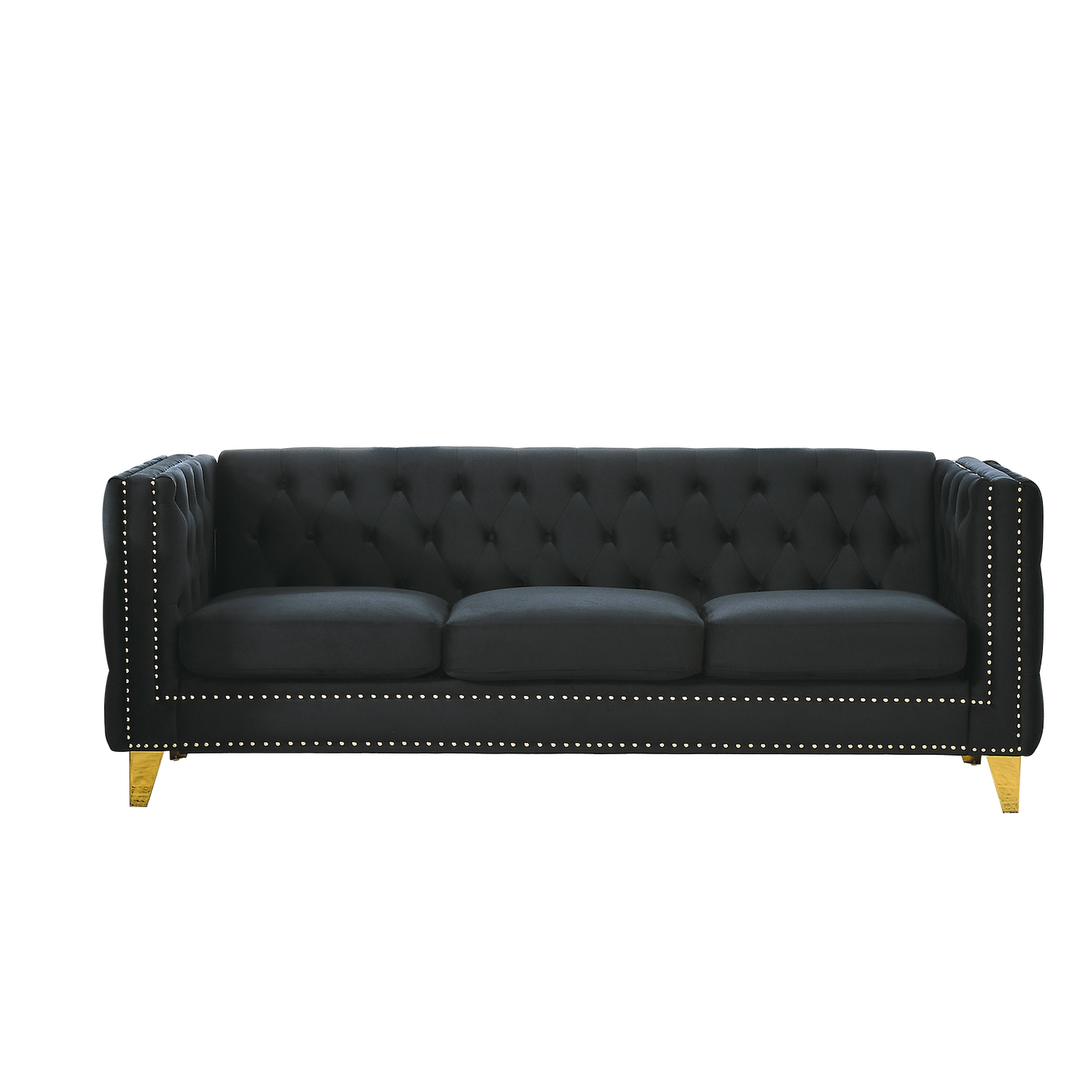 NEW Black Velvet Tufted Button Square Arm Modern Couch Sofa with Metal Legs