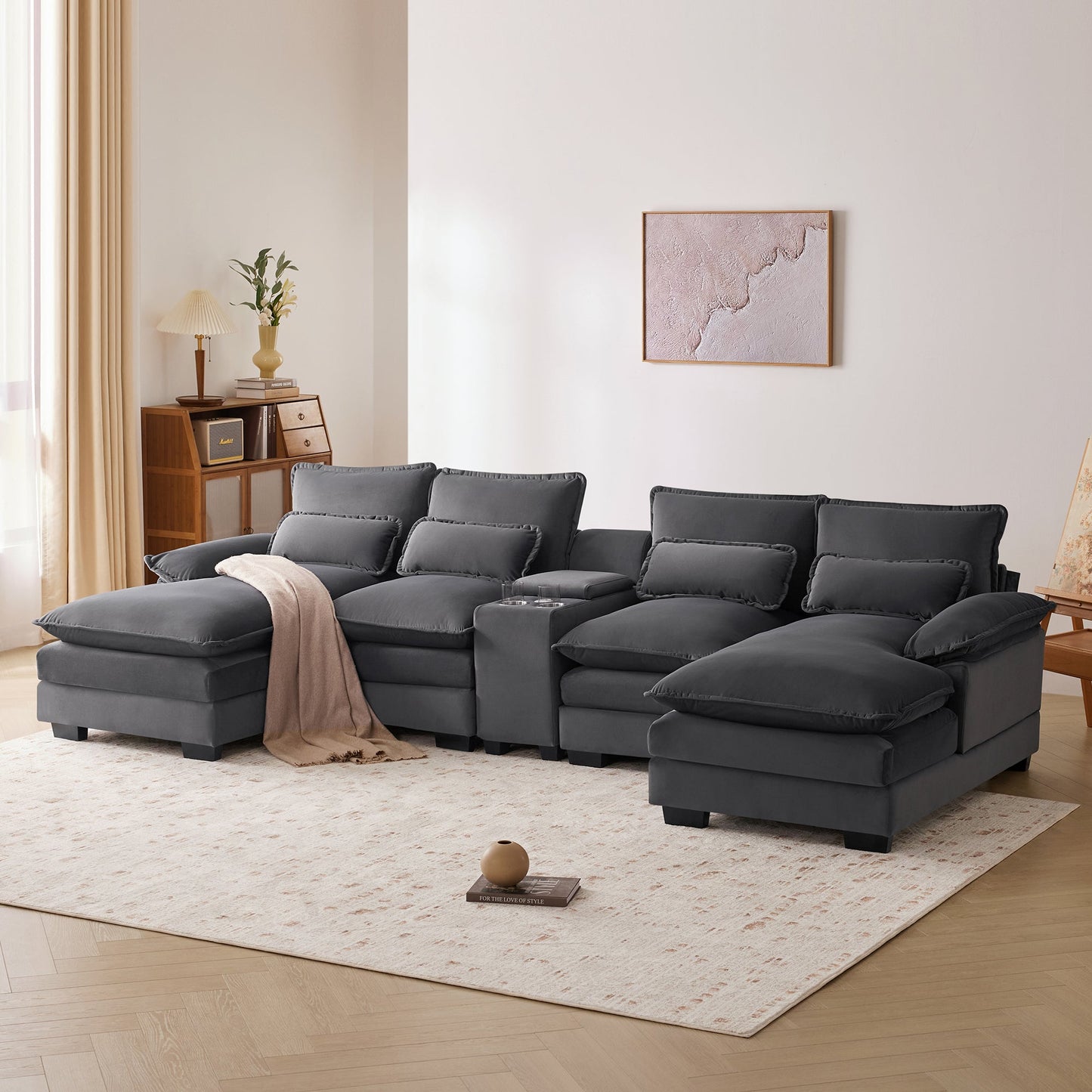 NEW Modern Gray Velvet Upholstered U-shaped 6-Seat Sofa with Console Cupholders and USB Ports