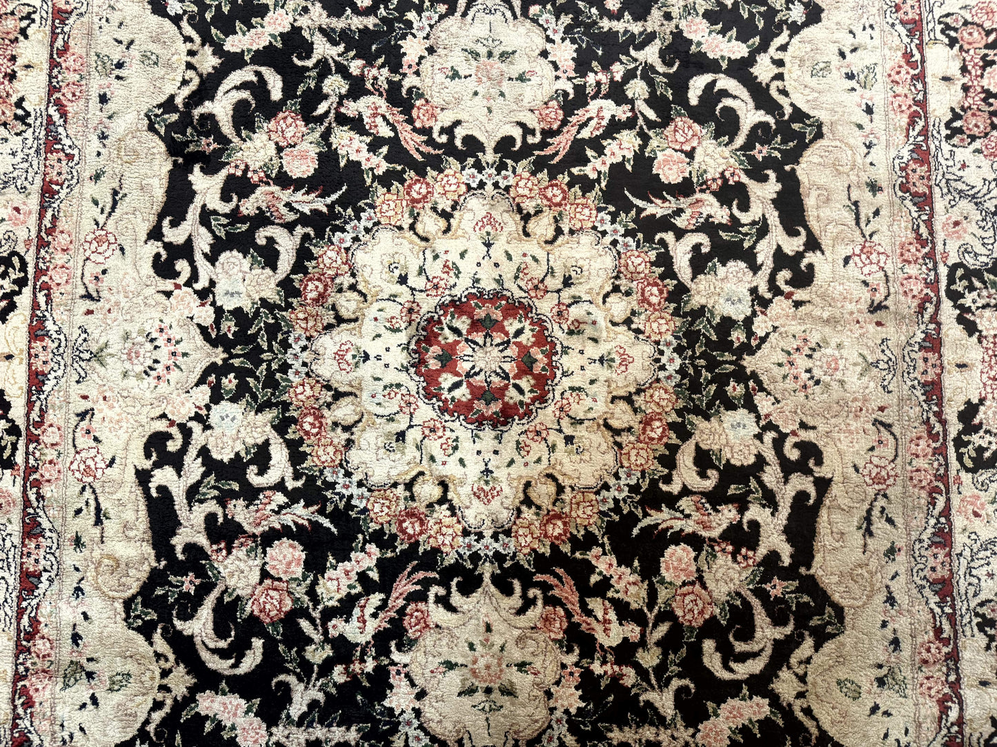 USED Indian Kashmiri Silk Rug, Floral Medallion, Vintage Hand Knotted Carpet