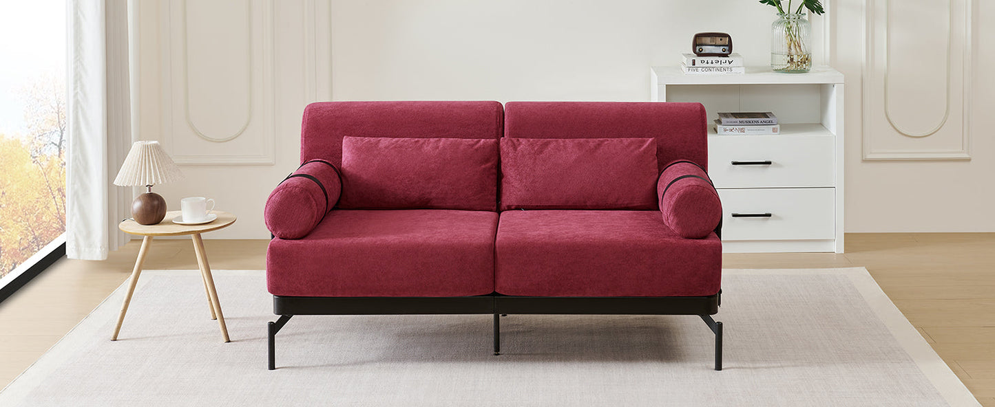 NEW Modern Red Chenille Loveseat 59' Sofa Couch 2-Seater with USB Ports Unique Cylindrical Armrests