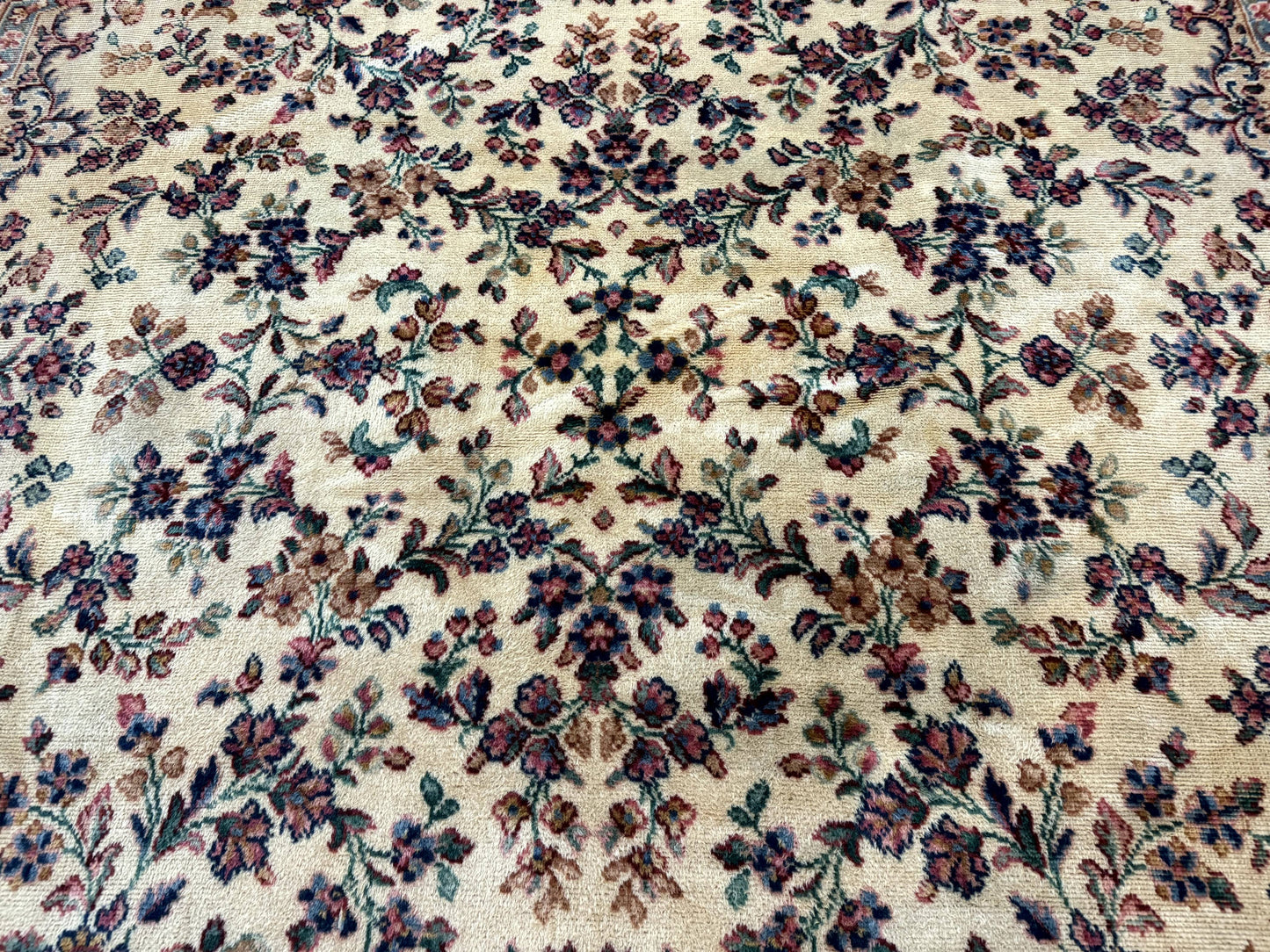 USED Antique Karastan Rug 8.8 x 12 Lanamar Floral Ivory Kirman Wool Discontinued