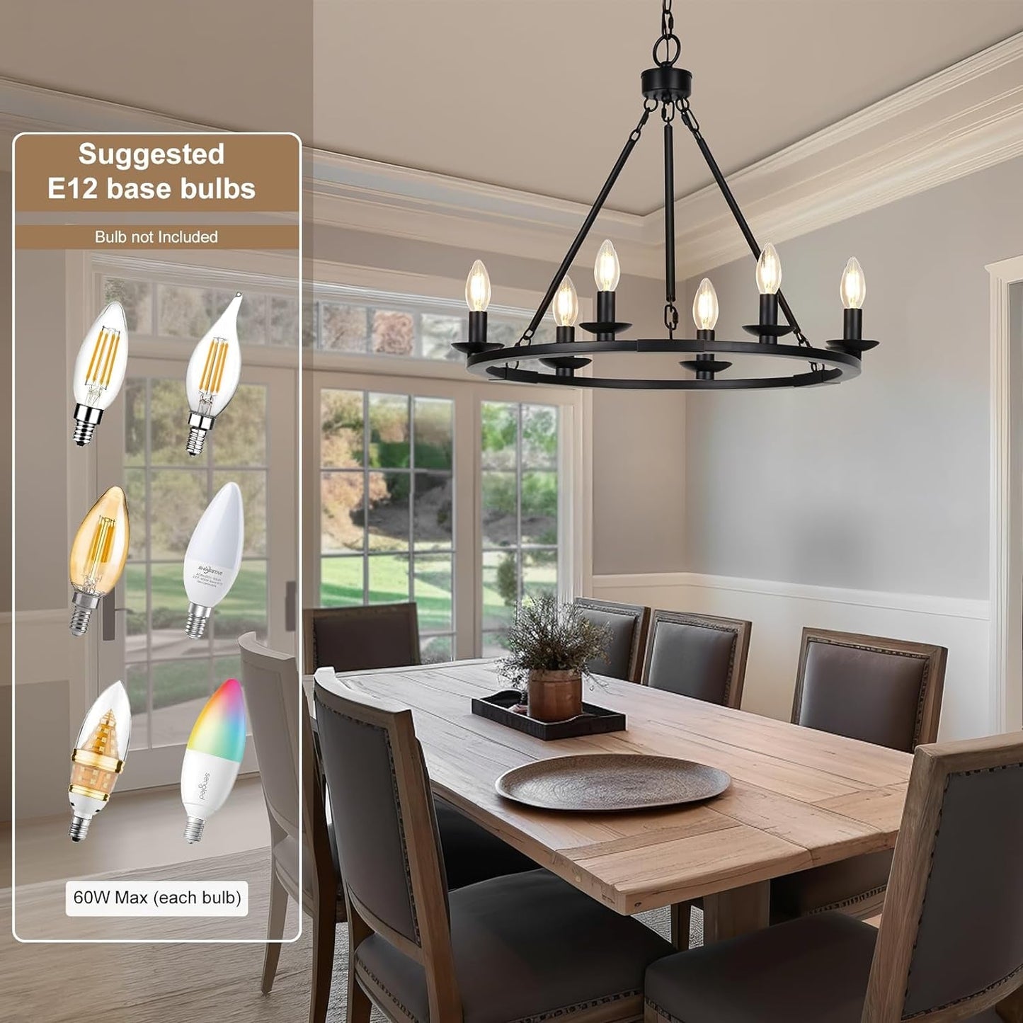 NEW Black Farmhouse Wagon Wheel Chandelier Six Light Fixture