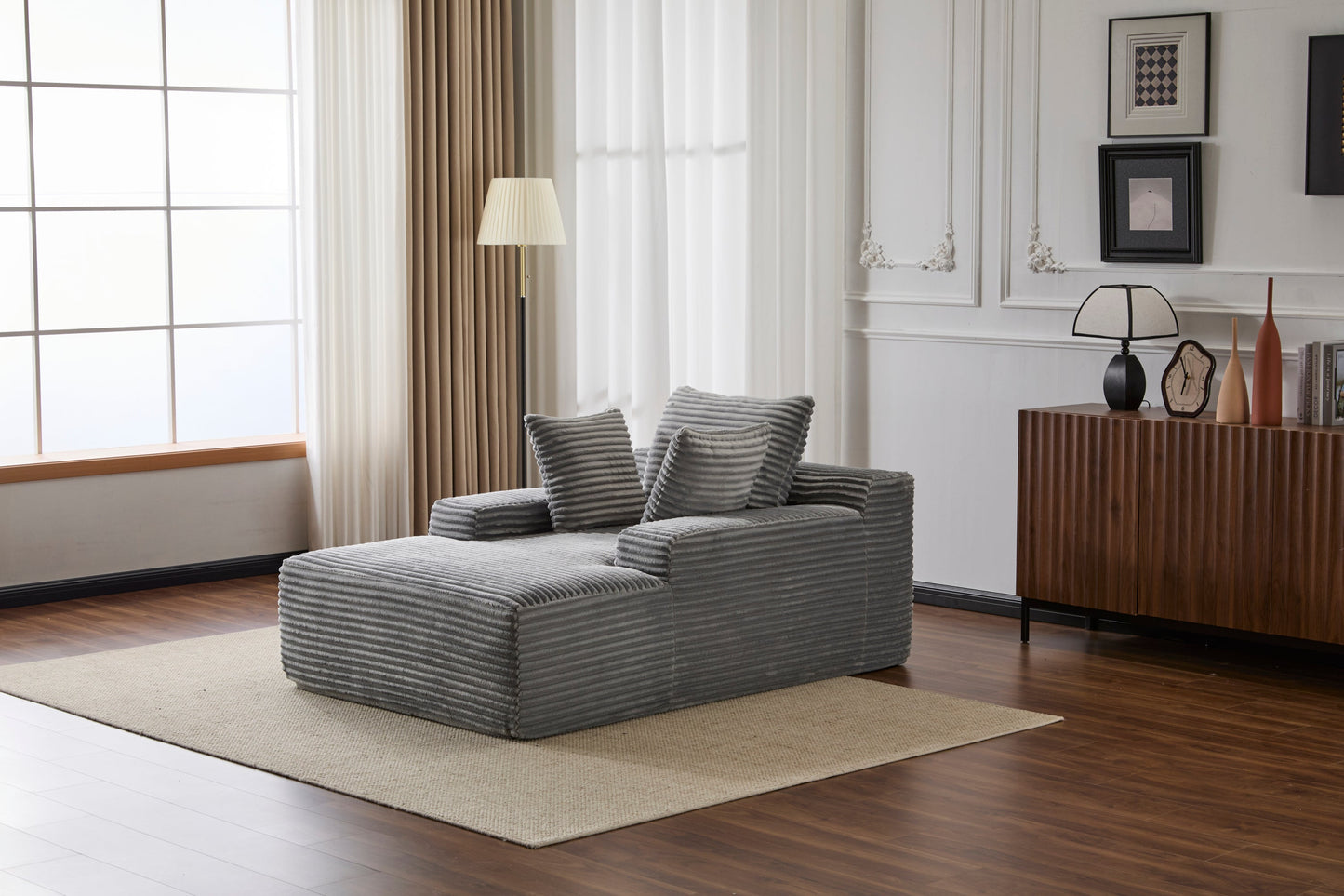 NEW Grey Oversized Chaise Lounge Chair Cozy Cloud Couch Modern Plush Corduroy Upholstered Sleeper Sofa Daybed with 3 Throw Pillows and Wide Armrest