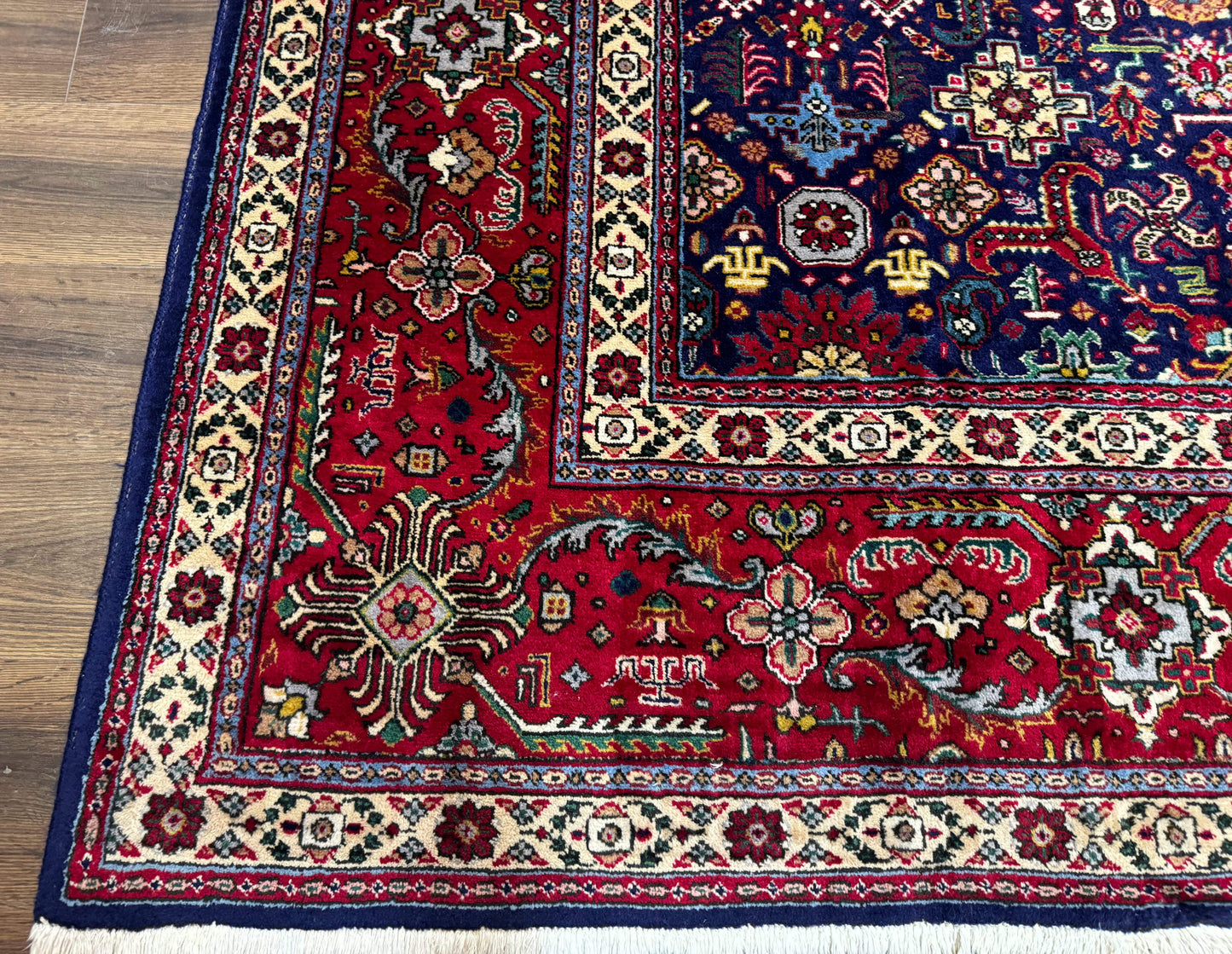 USED Large Persian Tabriz Rug 10x16, Navy Blue and Red, Allover Pattern, Vintage Hand Knotted Wool Carpet