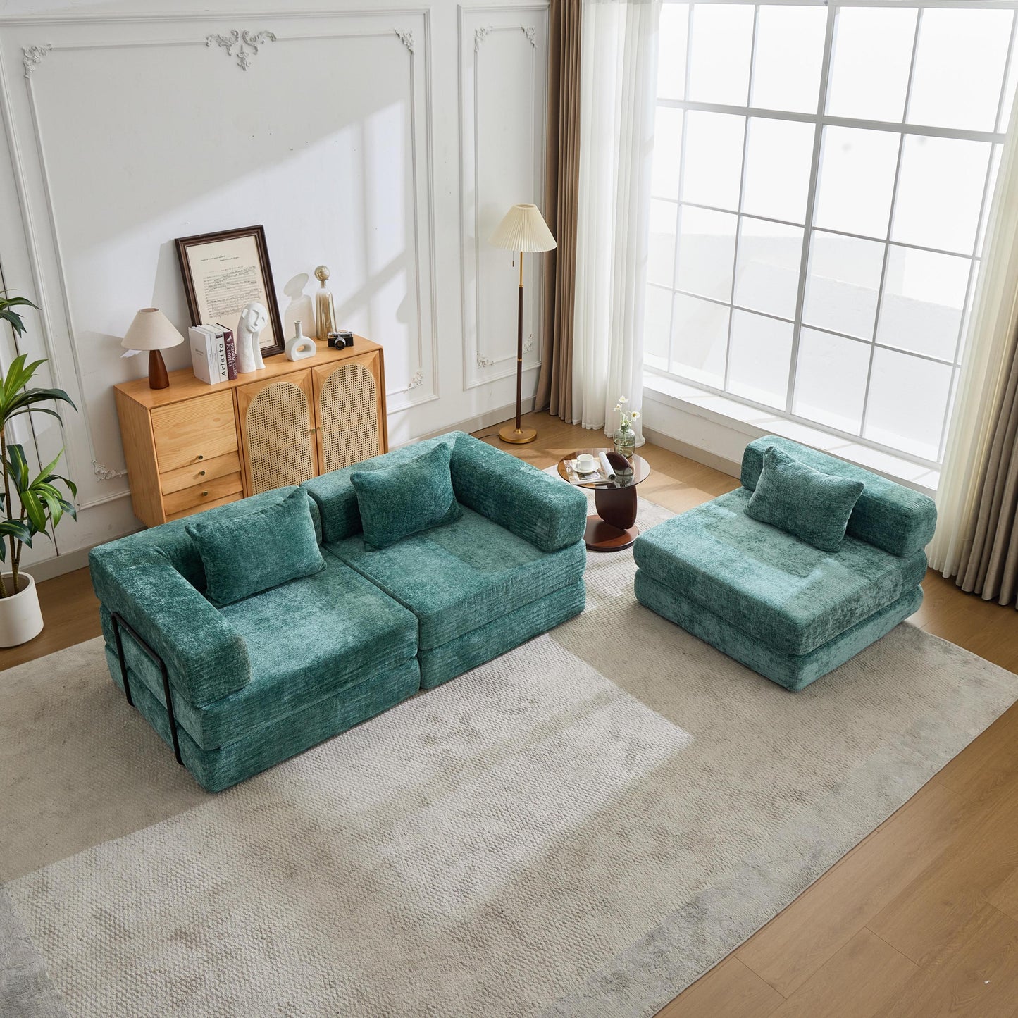 NEW Dark Green Chenille Fabric Compression Convertible Floor Sofa Bed
