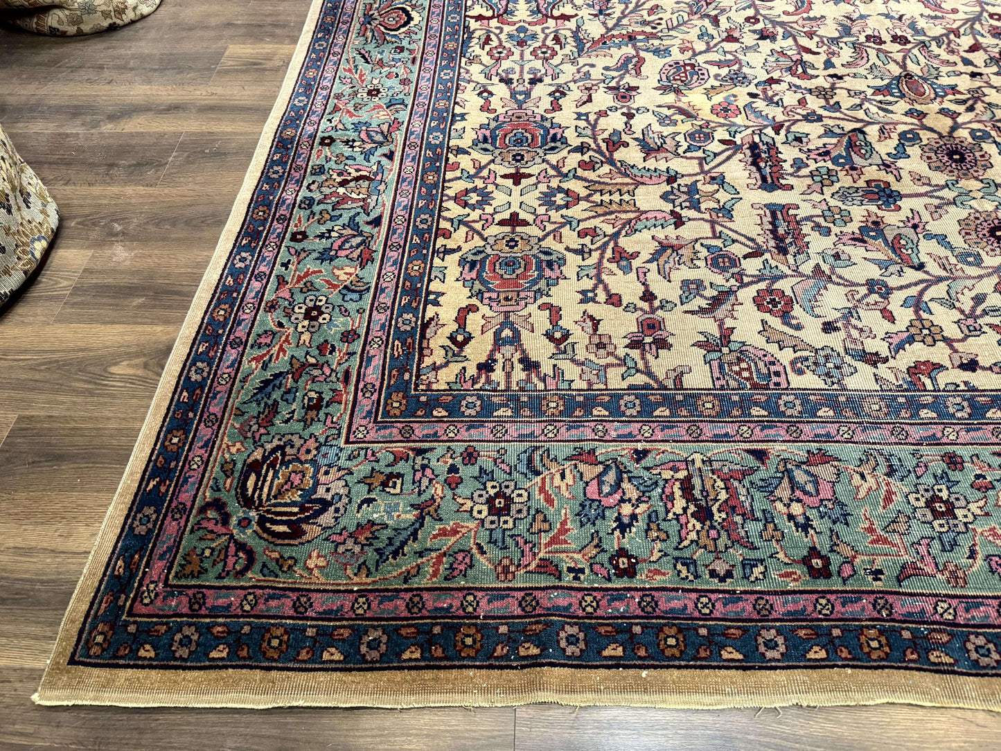 USED Antique Persian Rug 10x15, Camel and Cyan, Allover Pattern, Rare, Samarkand Rug