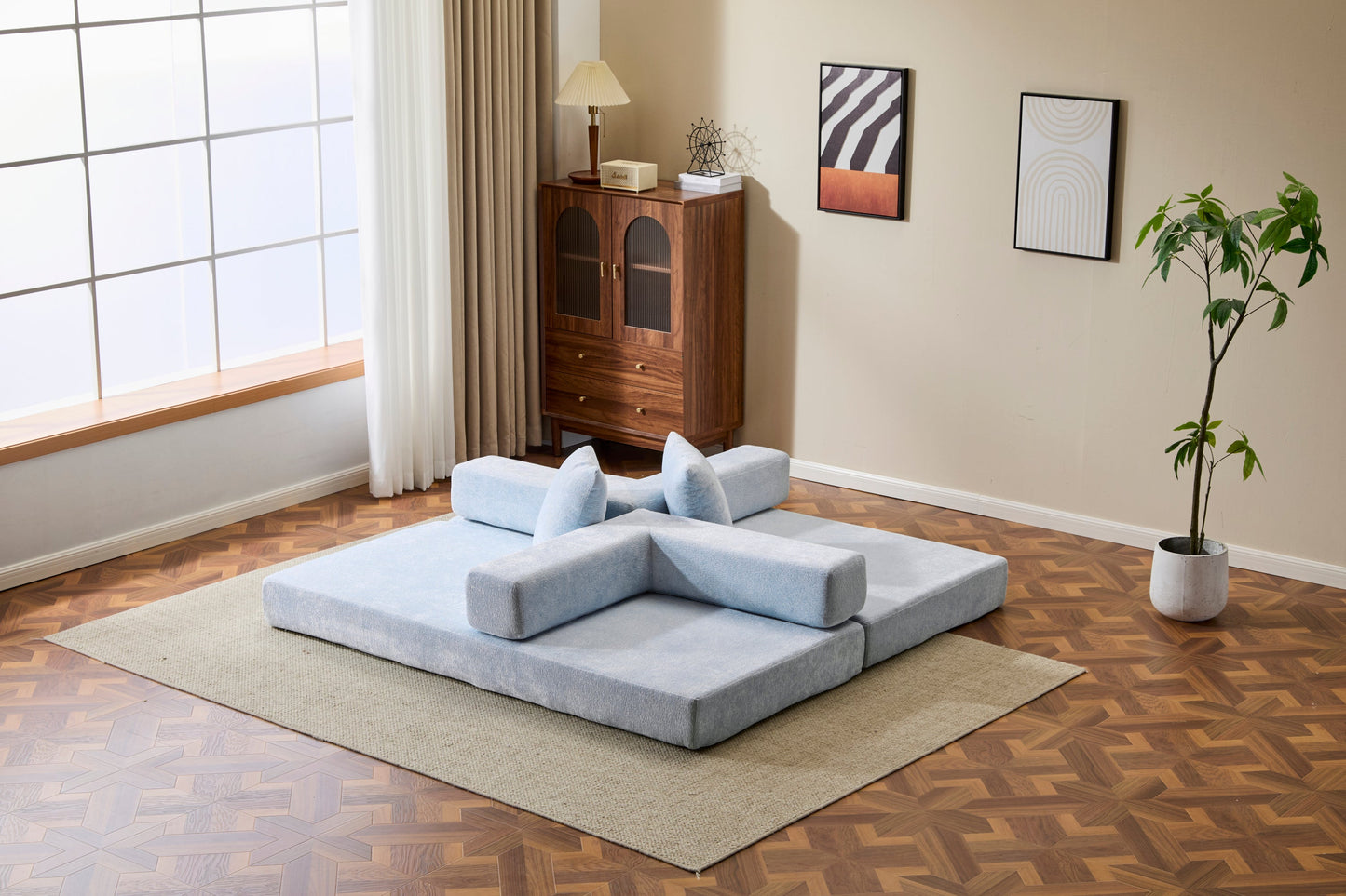 NEW Light Blue Chenille Fabric Floor Couch Compression Convertible Sofa Bed with Pillow Back Support Armrest Comfy Futon Couch Lounge Sleeper Bed