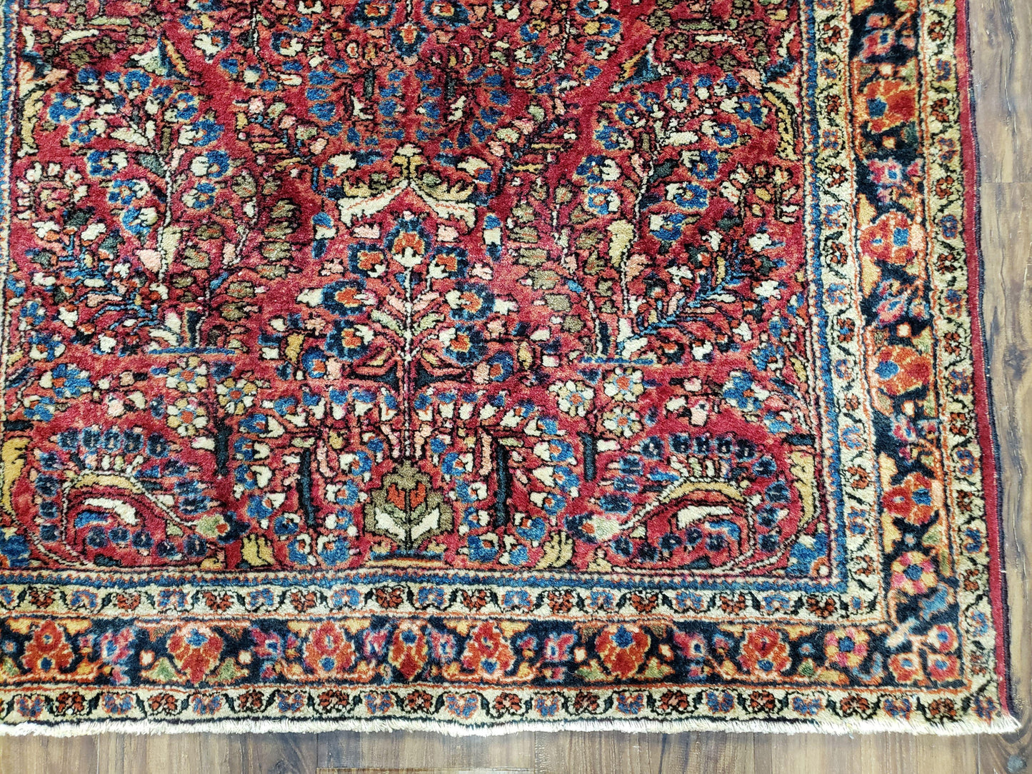USED Antique Persian Sarouk Rug, Red, Allover Floral Pattern, Hand-Knotted, Wool, 3'4" x 4'10"