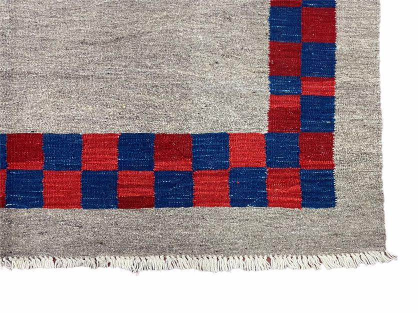 NEW 5' 7" x 7' 9" Geometric Kilim Carpet, Gray, Handmade, Hand-Knotted Area Rug, Blue & Red, Flatweave, Wool, New, Checkerboard Pattern