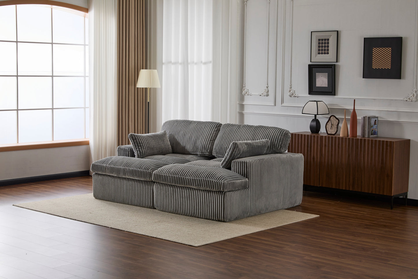 NEW Indoor Grey Corduroy Oversized Upholstered Double Chaise Lounge Chair Oversized Upholstered Sleeper Cloud Couch Deep Seat Luxury Sectional Sofa Bed Chaise Lounge