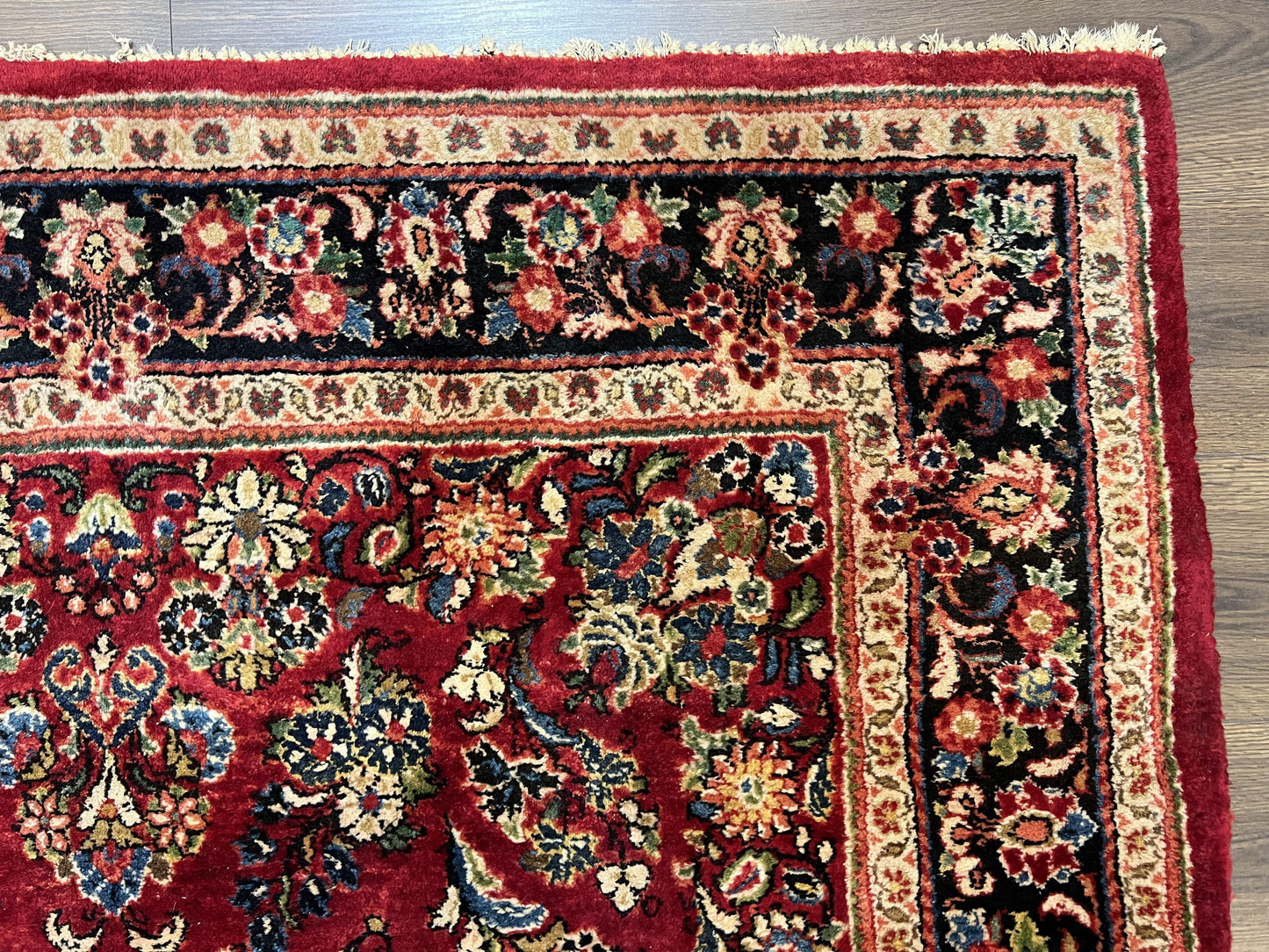 USED Rare Persian Almost Square Rug 6.3 x 5.3, Hand Knotted Wool Antique 1920s Sarouk Oriental Carpet, Red Navy Blue Beige, Floral Allover, 5x6 Area Rug