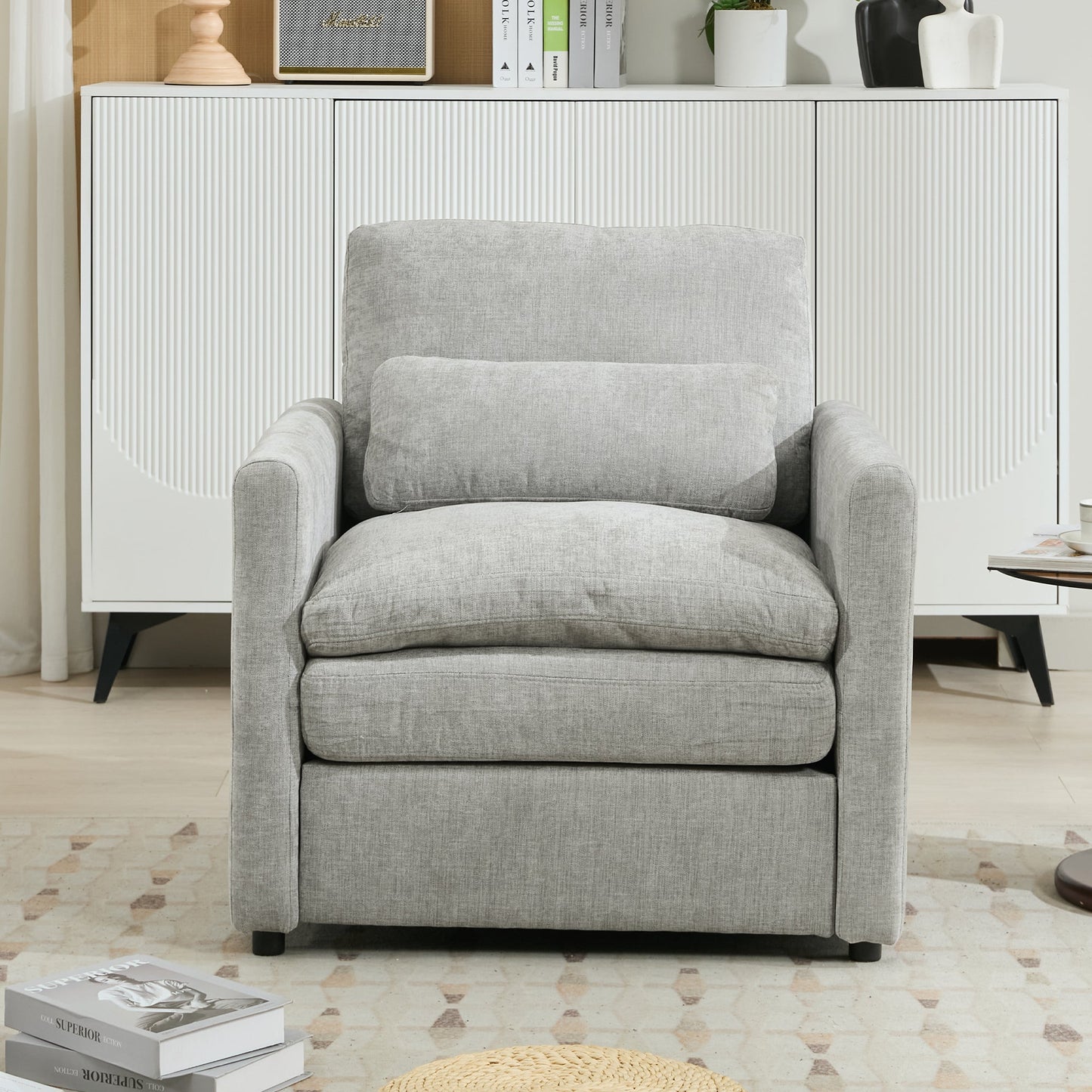 NEW Light Grey Chenille Cozy Upholstered Oversized Comfy Cloud Double Cushion Single Armchair Sofa