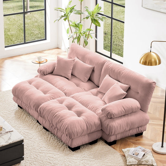 NEW Chenille Pink Upholstered Wide Arm 2 Seater Loveseat Cloud Sleeper Sofa Couch with 2 Lumbar Pillows 2 Throw Pillows 2 Ottomans