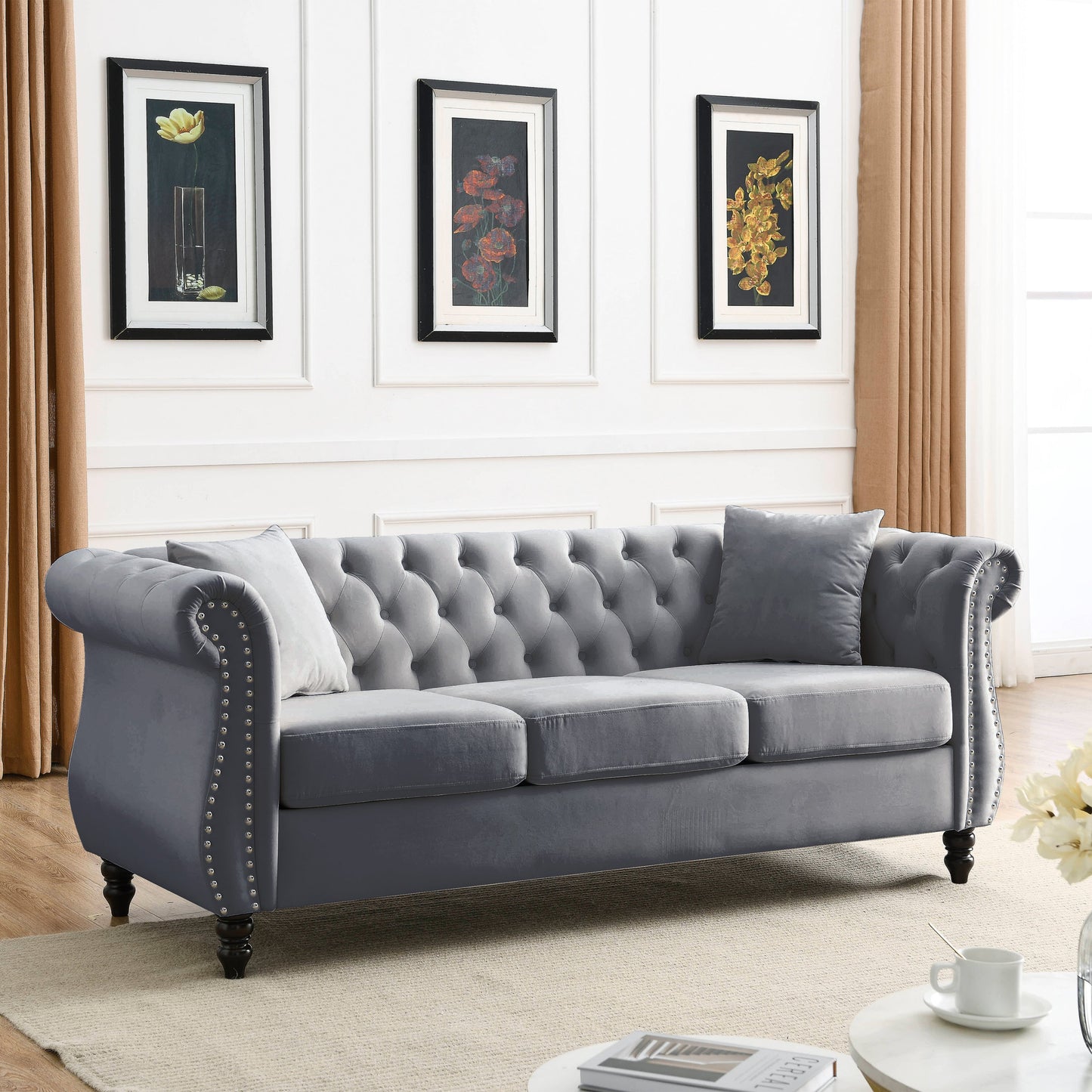 NEW 80' Chesterfield Sofa Couch Grey Velvet for Living Room, 3 Seater Sofa Tufted Couch with Rolled Arms Nailhead and Two Pillows