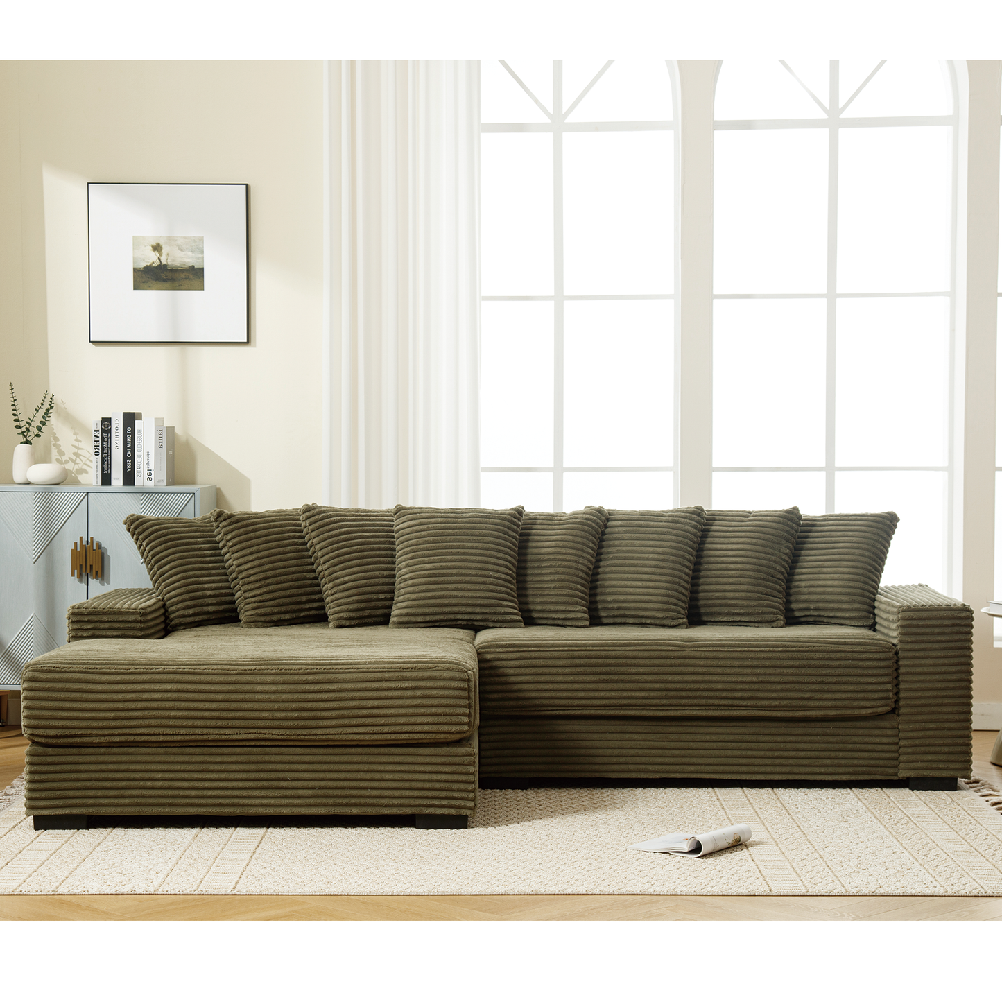 NEW NEW ARRIVED] [VIDEO PROVIDED] Oversized Two-Piece Couches, L Shaped Sofa, Corduroy, Left Chaise Daybed,with Armrests,Eight Throw Pillows,Corner Sofa,Easy To Assemble, Green