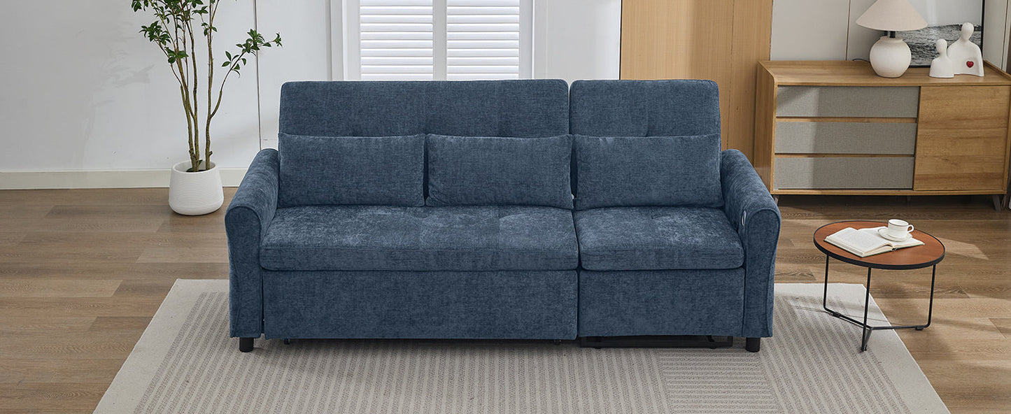 NEW 2-in-1 Sofa 82' Three-seater Sofa with Sofa Bed and Reversible Recliner, Blue Chenille