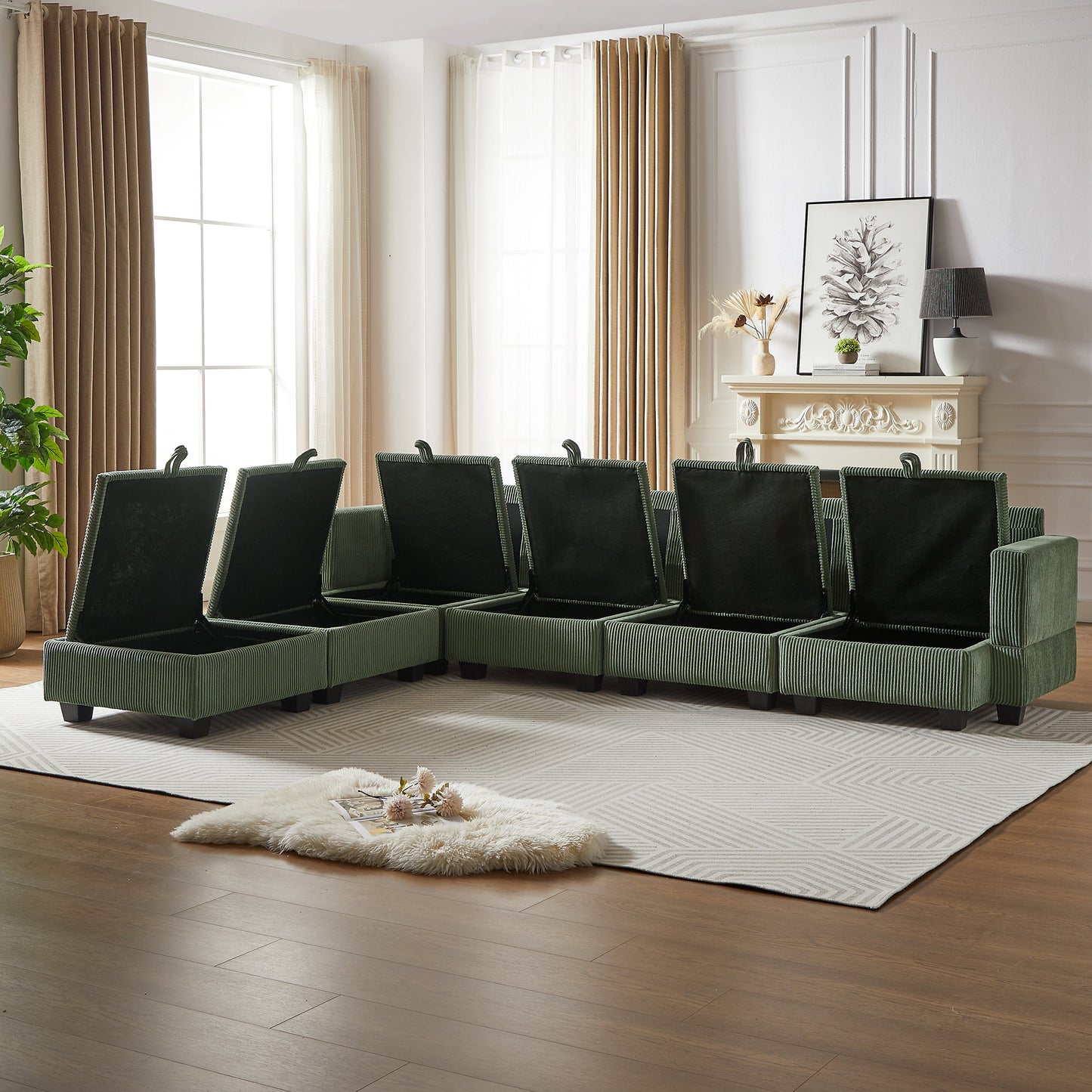 NEW 113.5'' Modular Sectional Corduroy U Shaped Sofa Couch with Storage Ottoman 6 Seat Convertible Sections and Chaise