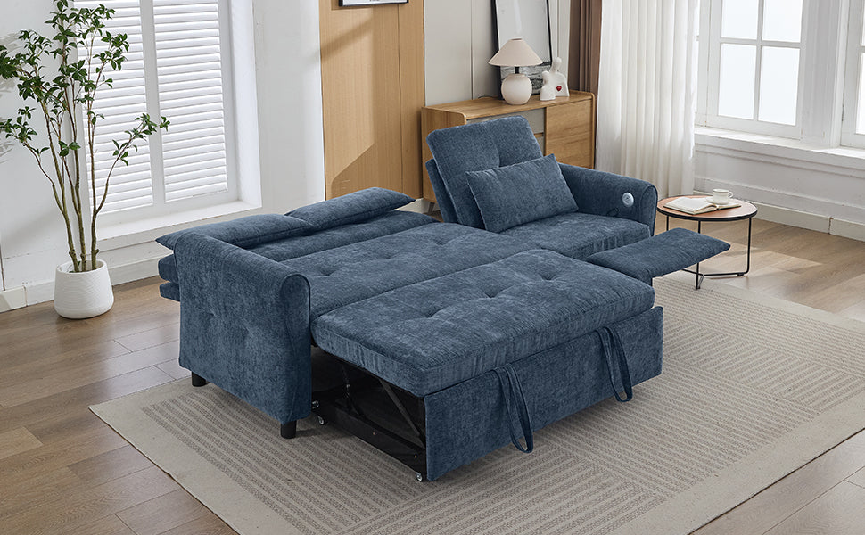 NEW 2-in-1 Sofa 82' Three-seater Sofa with Sofa Bed and Reversible Recliner, Blue Chenille