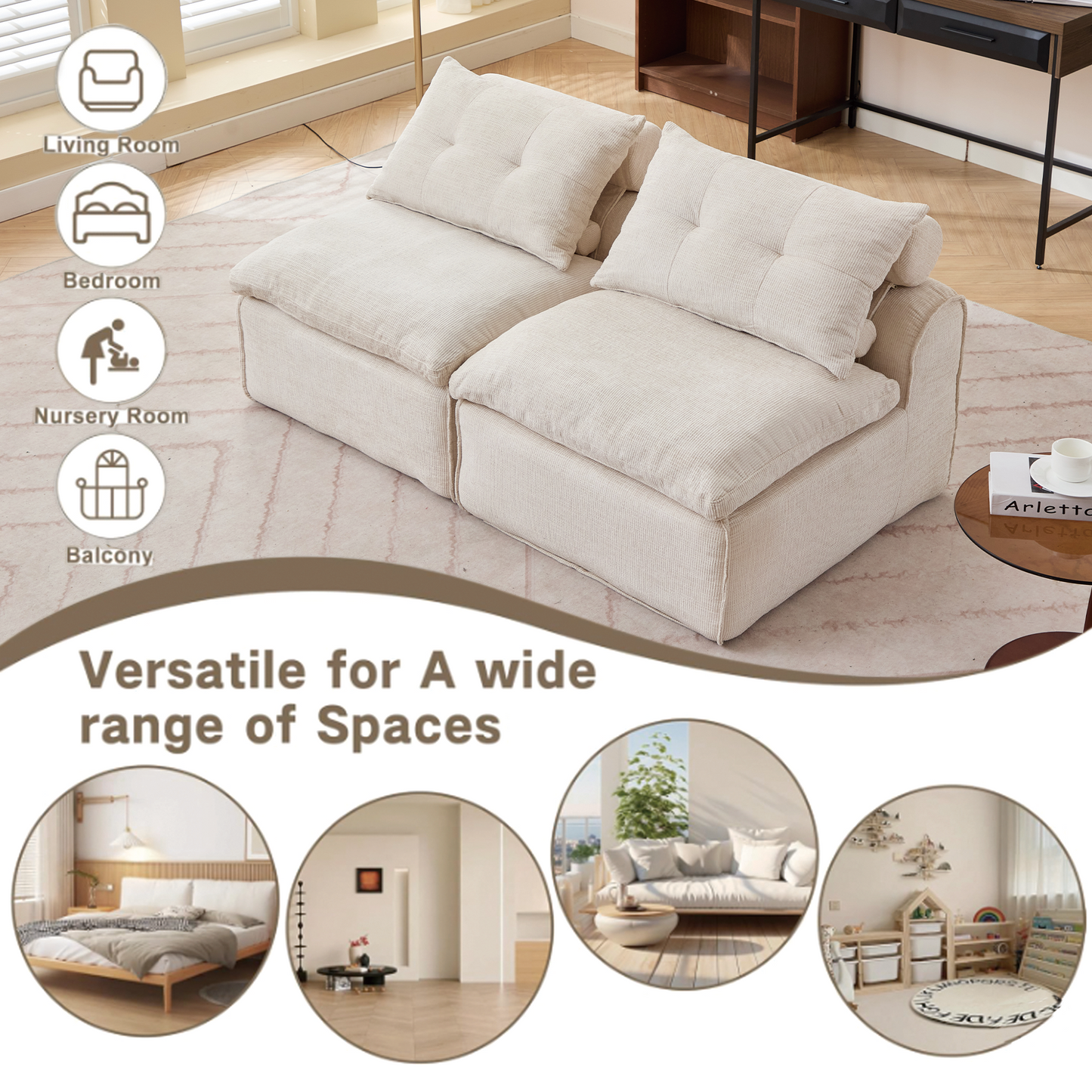 NEW Modular Sofa,No Armrests,At will DIY,Soft Chenille Fabric,Neck Pillow-Back Lounge Sofa Chair,Reading Nook, or Apartment Living, Lumbar Pillow,2 Seats,Upholstered,Beige