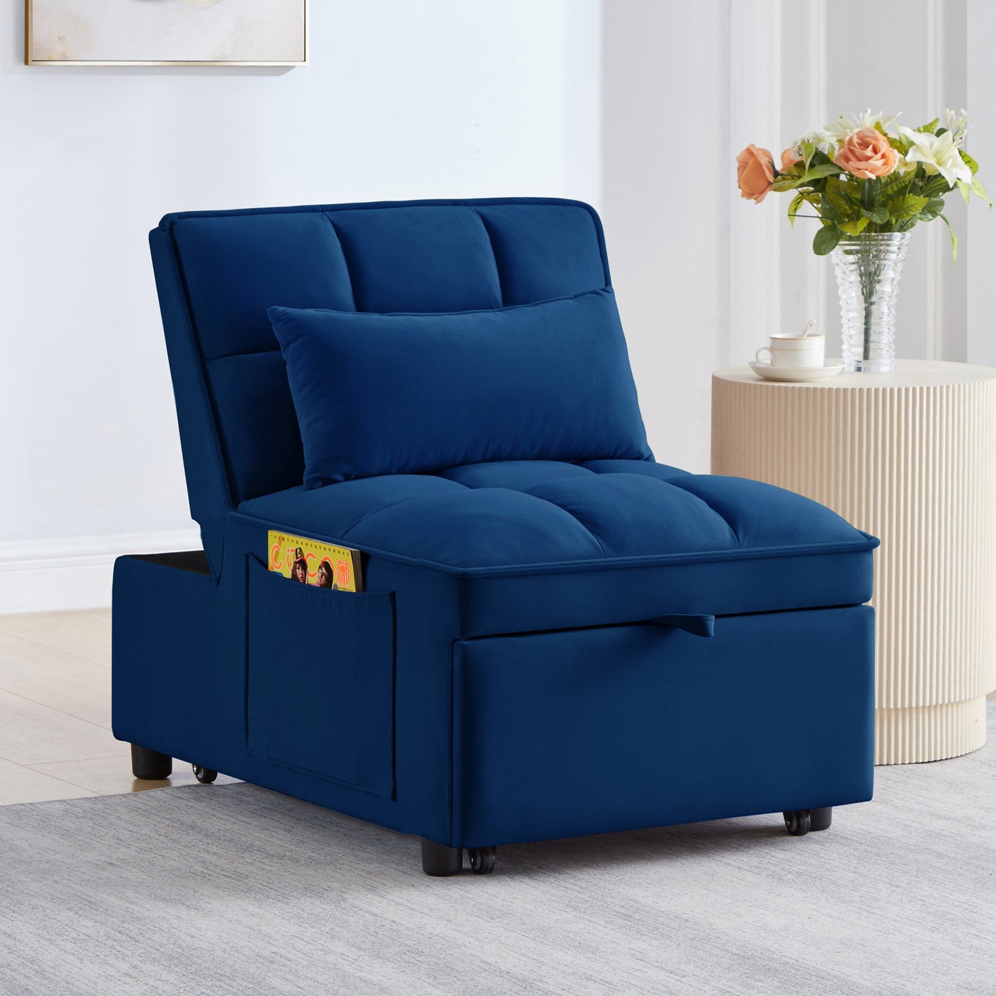 NEW 4 in1 Multi-Function Single Sofa Bed with Storage Pockets,Tufted Single Pull-out Sofa Bed with Adjustable Backrest and Pillows ,Convertible  Chaise Lounge, Navy