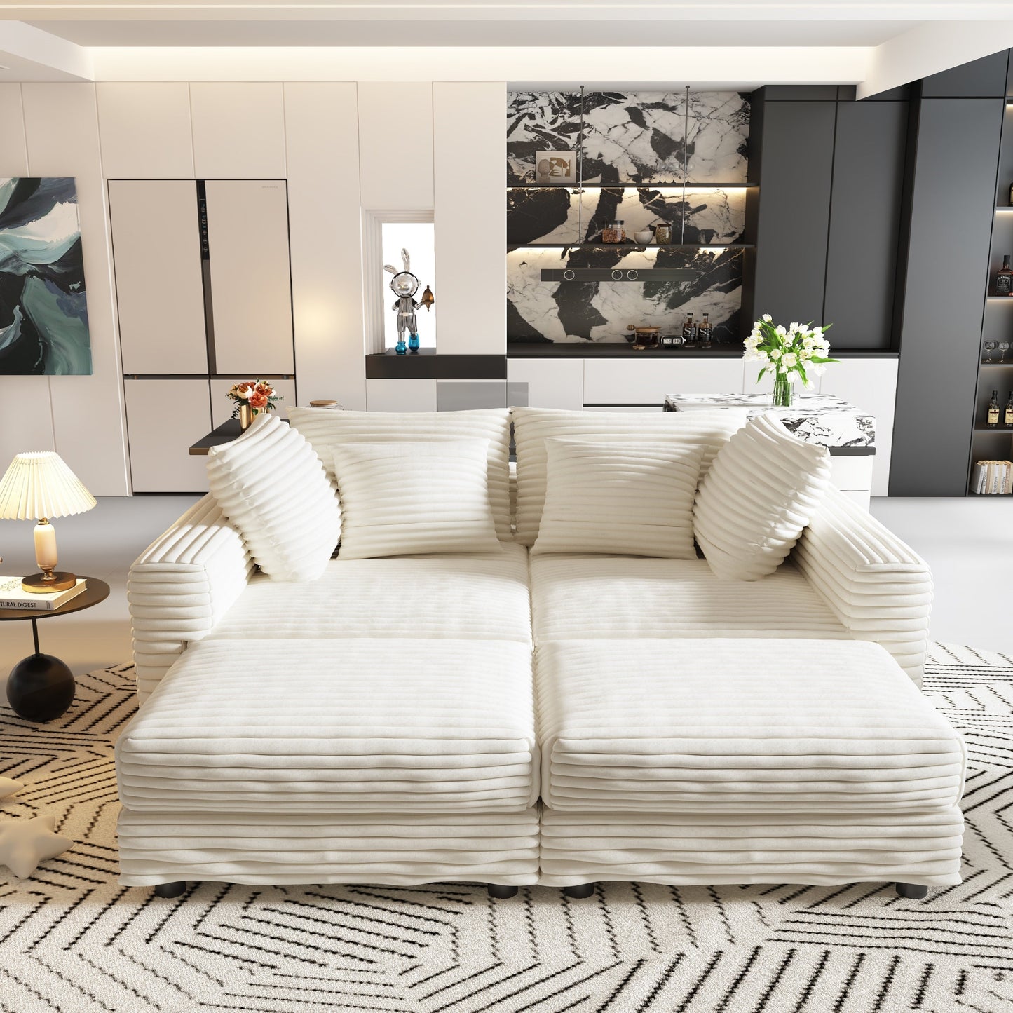 NEW 104.3' Modern 4-Seat  Beige Comfy Upholstered Plush Corduroy Sofa