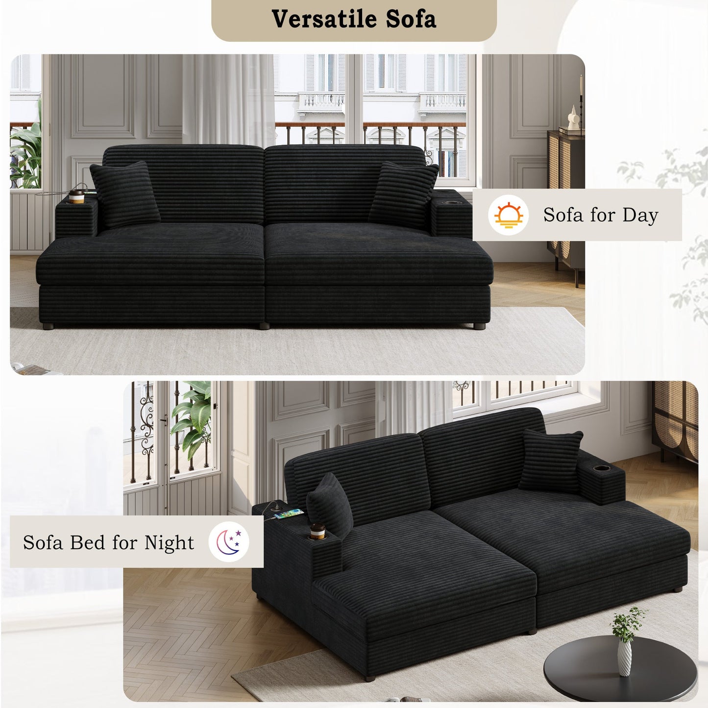 NEW Black Corduroy Oversized Loveseat Chaise Lounge Sectional Sofa Bed with USB Ports Cup Holders and Pillows