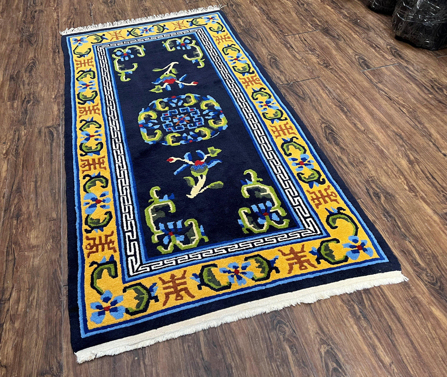USED Chinese Art Deco Rug 3 x 5.9, Handmade Chinese Peking Carpet, Dark Blue and Gold, Medallion, Asian Oriental 3x6 Hand Knotted Vintage Rug