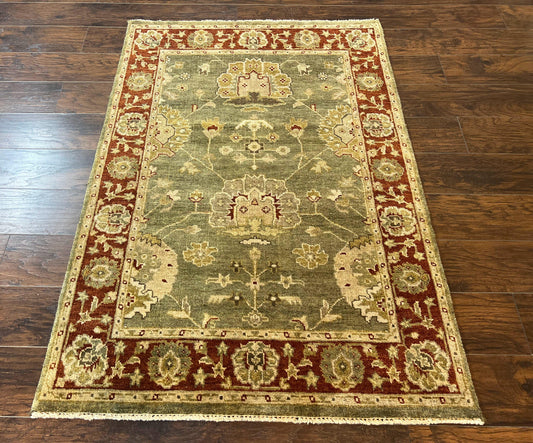 USED Indo Oushak Rug 4x6, Green and Maroon, Vintage Wool Floral Rug, Indian Agra Rug
