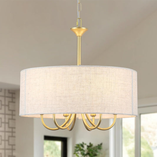 Gold Drum Chandelier With Fabric Shade 6 Light Fixture