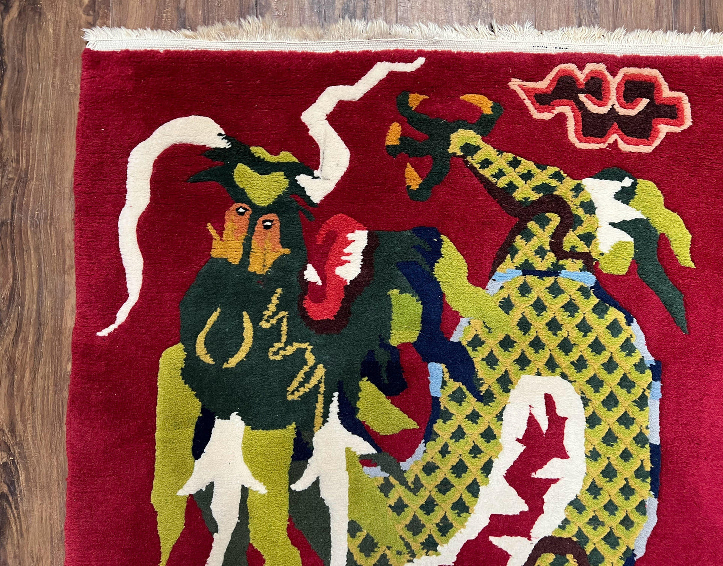 USED Vintage Chinese Dragon Rug 3 x 6.8, Handmade Hand Knotted Red Chinese Carpet with Gold Dragon, Art Deco Peking Soft Chinese Rug Runner