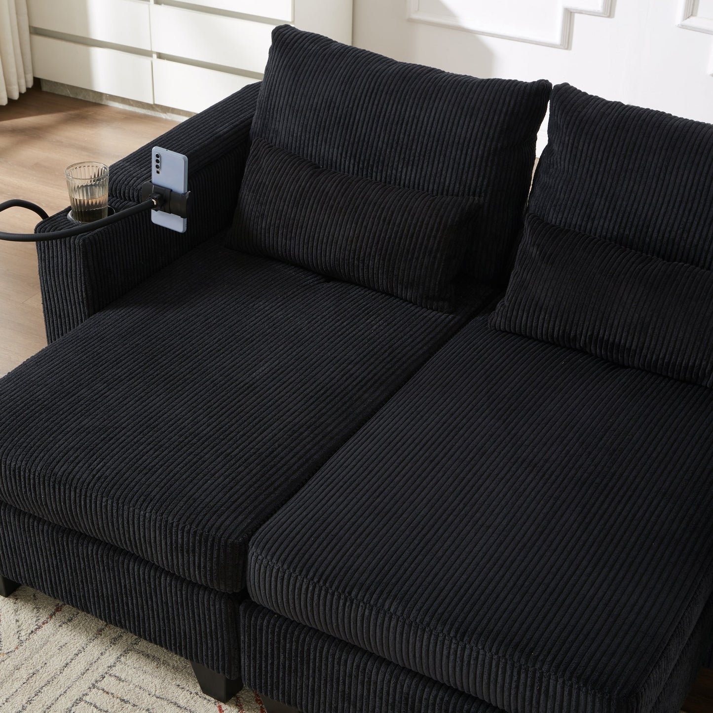 NEW Convertible Chaise Lounge Sofa Chair Bed with USB Ports, Cup Holders & Storage, Black Corduroy, 37.4'