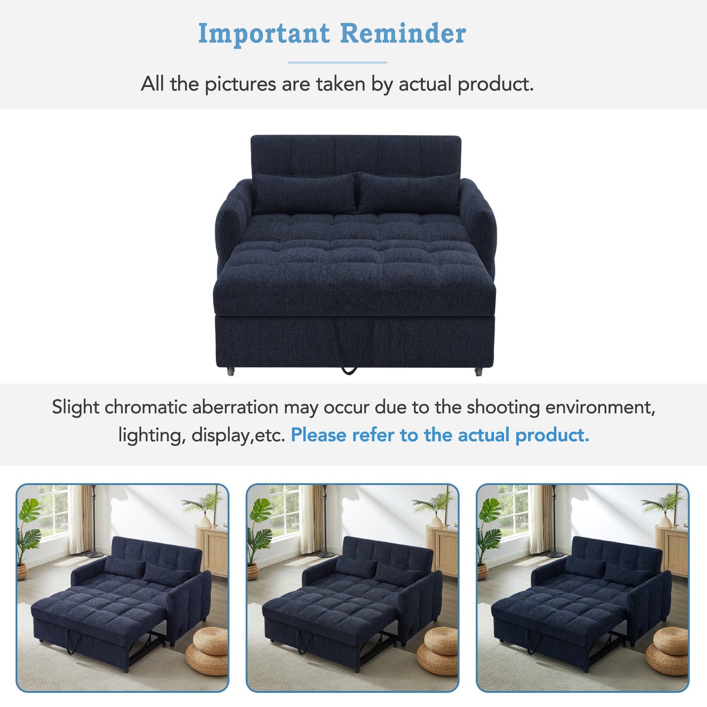 NEW Modern Loveseat Sofa Pull-out Bed with Adjustable Backrest, USB Ports, Lumbar Pillows, Blue Chenille, 52.8'