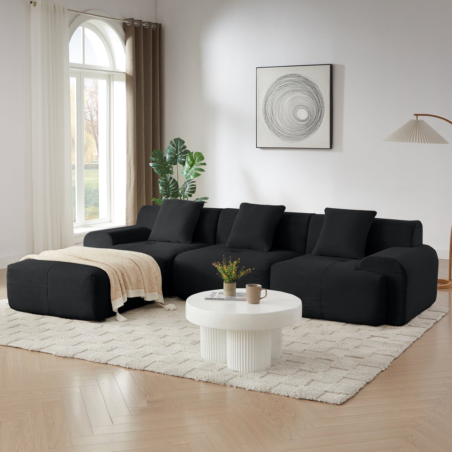 NEW Modern L-Shaped Modular Sectional Sofa in Black Corduroy 113' Oversized 3-Seater Couch with Deep Seat and Movable Ottoman