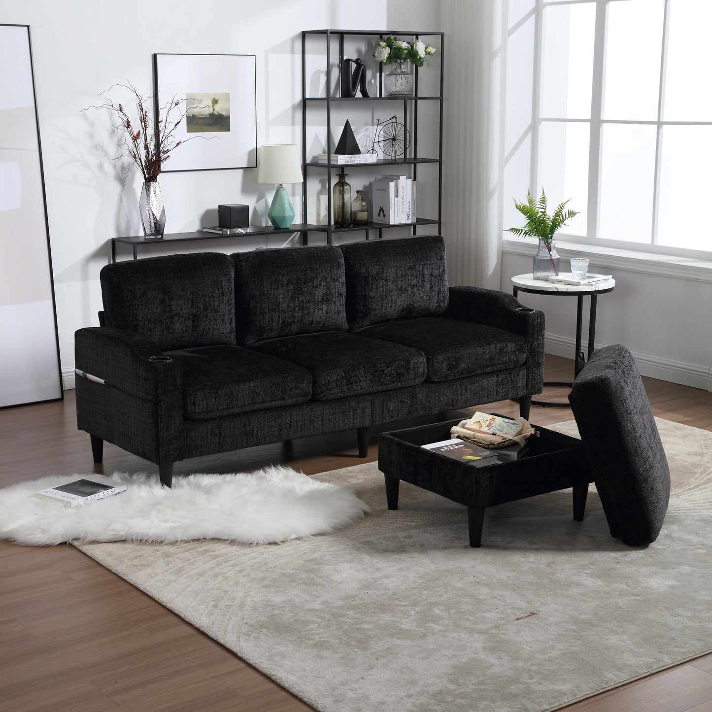 UNITED  WE WIN Sofa for three, solid wood frame, Chenille fabric, side pocket, with two cup holders, footstool with storagestorage sofa /Living room sofa cozy sectional  sofa
