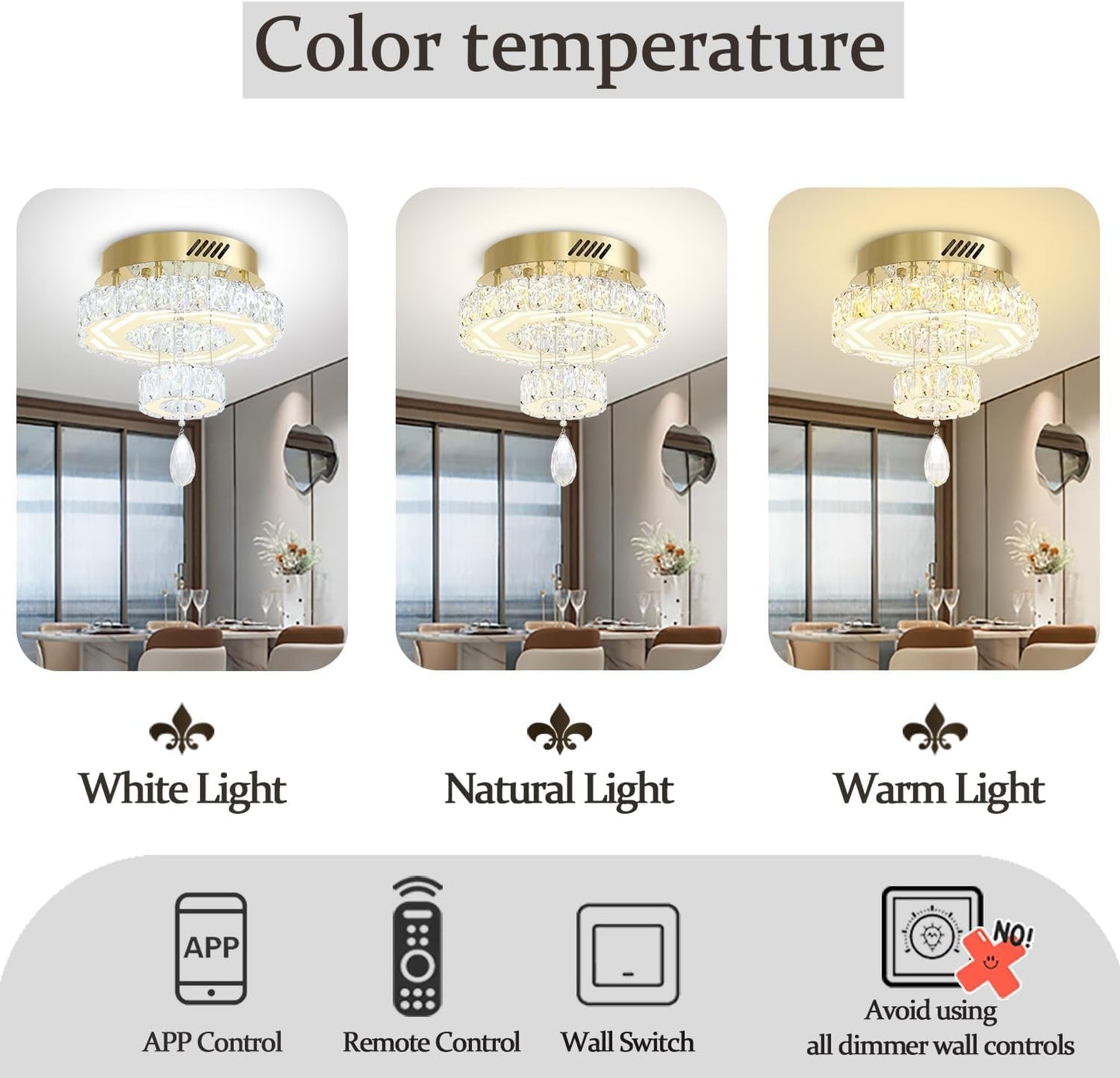 NEW Gold Crystal Chandelier 12 Inch Dimmable Flush Mount