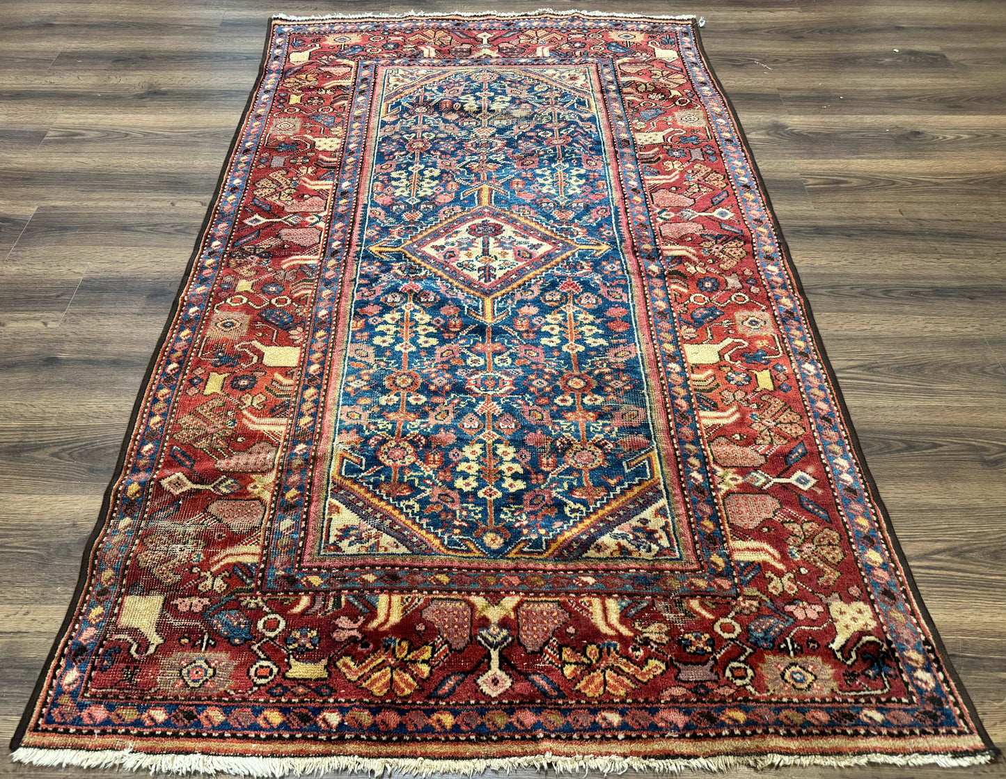 USED Antique Persian Rug 4x7, Blue and Red Malayer Carpet, Rare