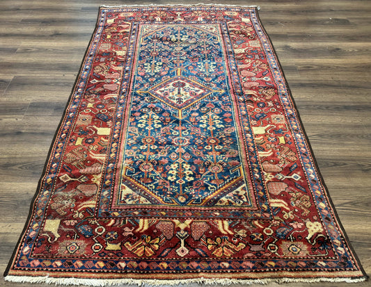 USED Antique Persian Rug 4x7, Blue and Red Malayer Carpet, Rare