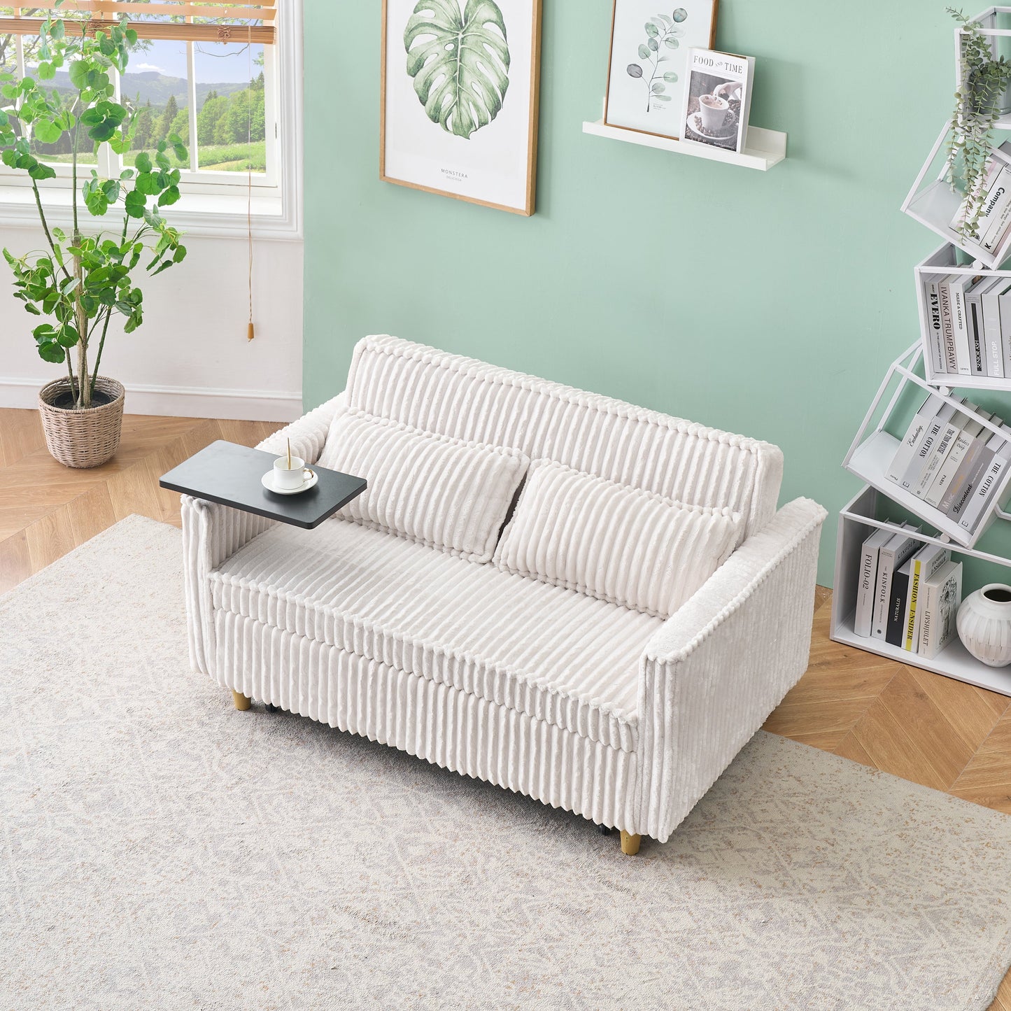 NEW Pull-out Push-in Beige Corduroy Sofa with Dual Functions Movable Tabletop and USB Ports