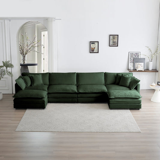 NEW Green Chenille Comfort Modular Large U-Shape Sectional Sofa Couch with Reversible Chaise Double Extra Ottomans