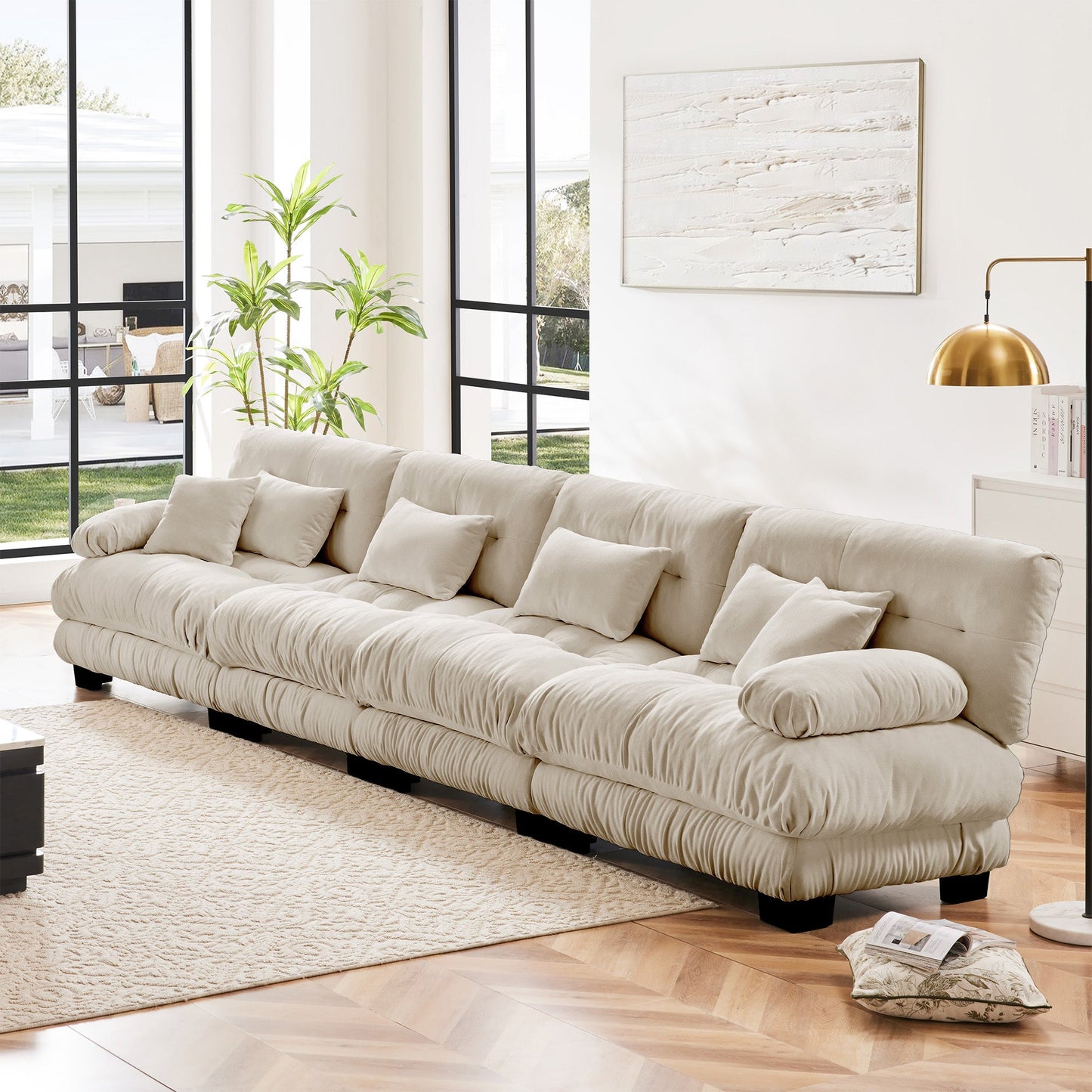 NEW Light Coffee Chenille Comfy Upholstered 4-Seater Sectional Sofa Modular Deep Seat Sofa Couch