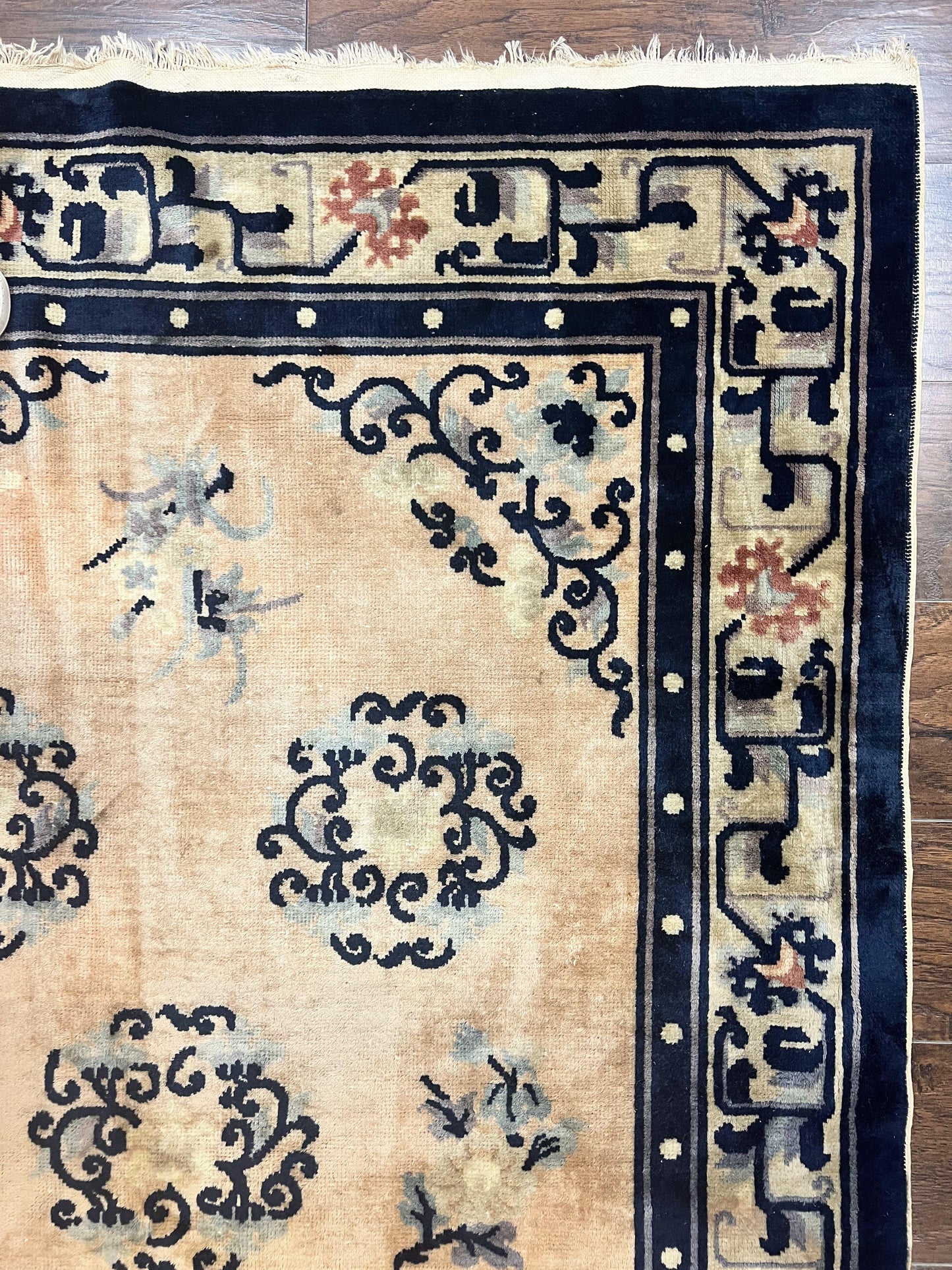 USED Chinese Peking Rug 4x6, Wool Hand Knotted Handmade Vintage Semi Antique Carpet, Semi Open Field, Light Peach & Navy Blue, Art Deco Rug