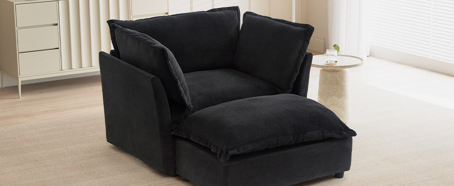 NEW Modern Armchair Sofa 47' Cozy Upholstered Sofa Chair with Movable Ottoman, Black Chenille, Wide Seat & Curved Armrests